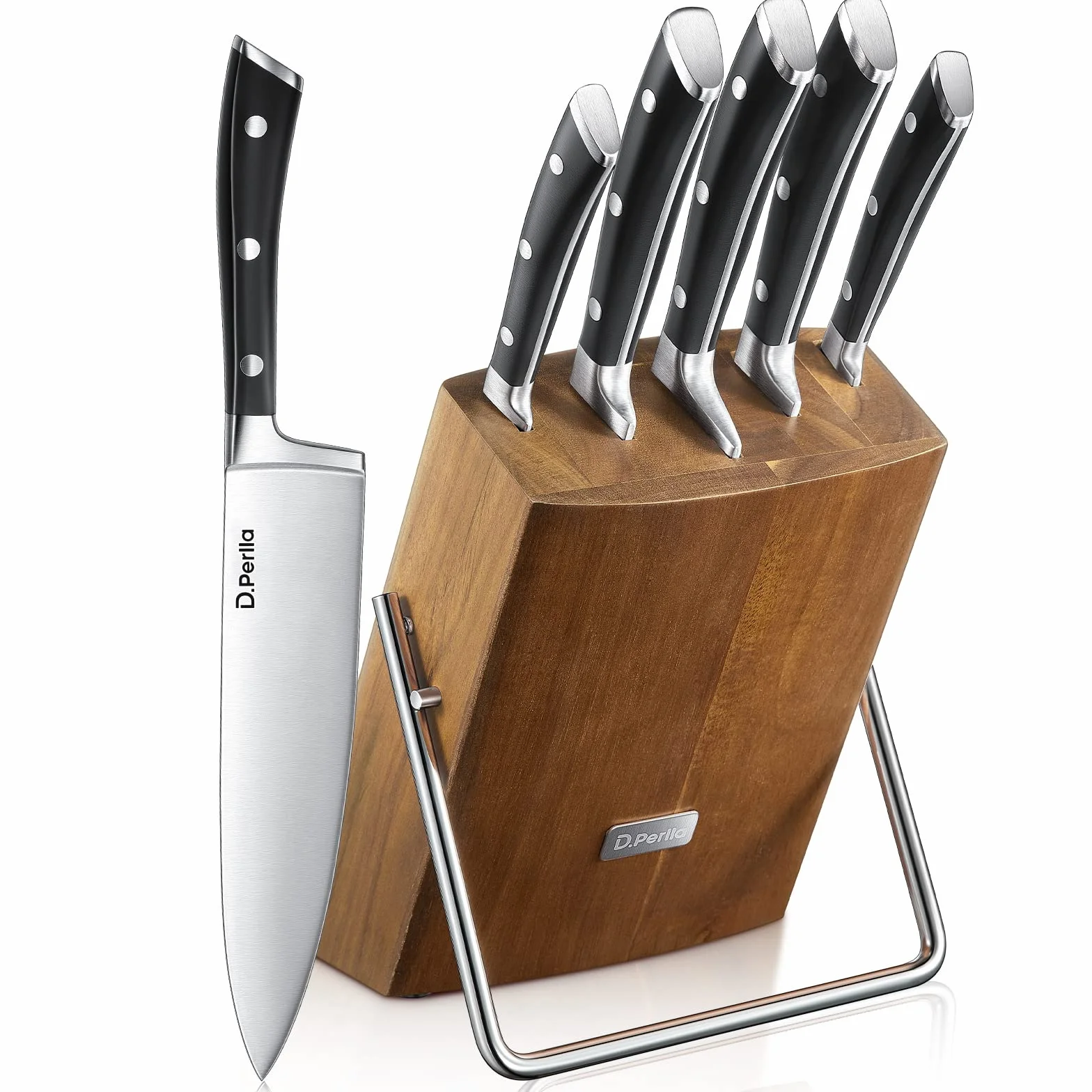 D.Perlla 6 Pezzi Set di Coltelli da Cucina, Set Coltelli Tedesco X50Cr15 in Acciaio Inossidabile, Ceppo Coltelli Professionali con Blocco in Legno, Coltelli per Frutta e Verdura