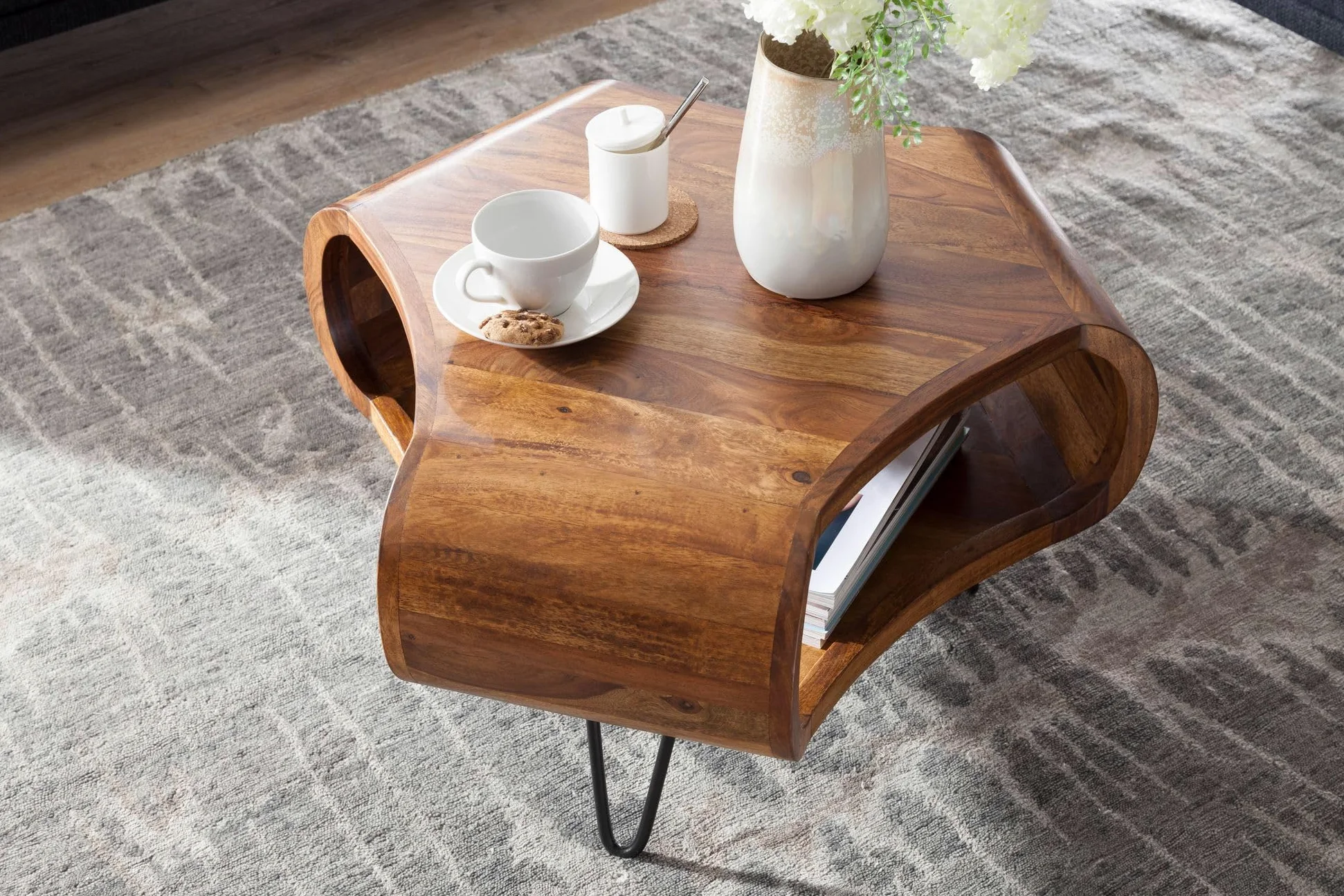 FineBuy Tavolino 55x55x38 cm Sheesham Massello con Vano Portaoggetti | tavolino da soggiorno con gambe in metallo in stile country, tavolino piccolo da divano in legno, pezzo unico fatto a mano