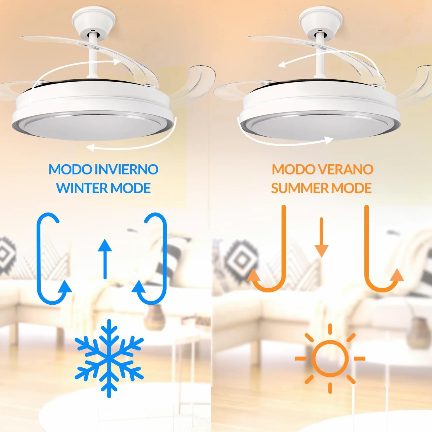 M mimotec -Ventilatore da Soffitto White Hood 70W con Luce LED Regolabile CCT, Motore DC 30W a Basso Consumo + LED 40W, 6 Velocità, Silenzioso, 4 Pale Retrattili, Estate/Inverno, Timer, Telecomando