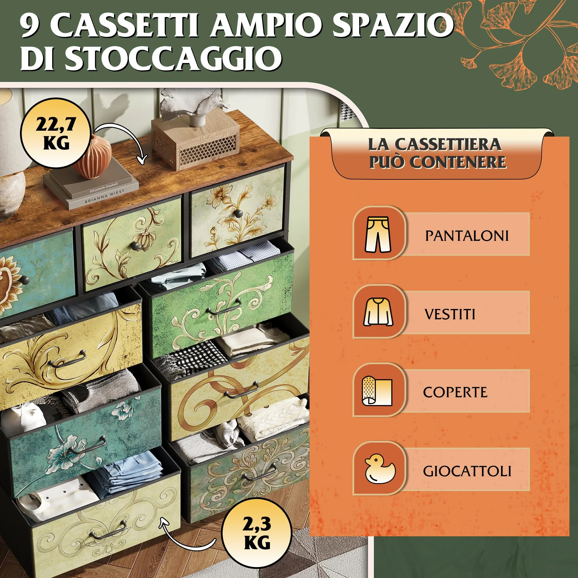 WLIVE Cassettiera in Tessuto con 9 Cassetti, Cassettiera Camera da Letto, Vano Contenitore, Struttura in Acciaio Ideale per Soggiorno, Corridoio, Facile Installare (Boemia, 9 Cassetti)