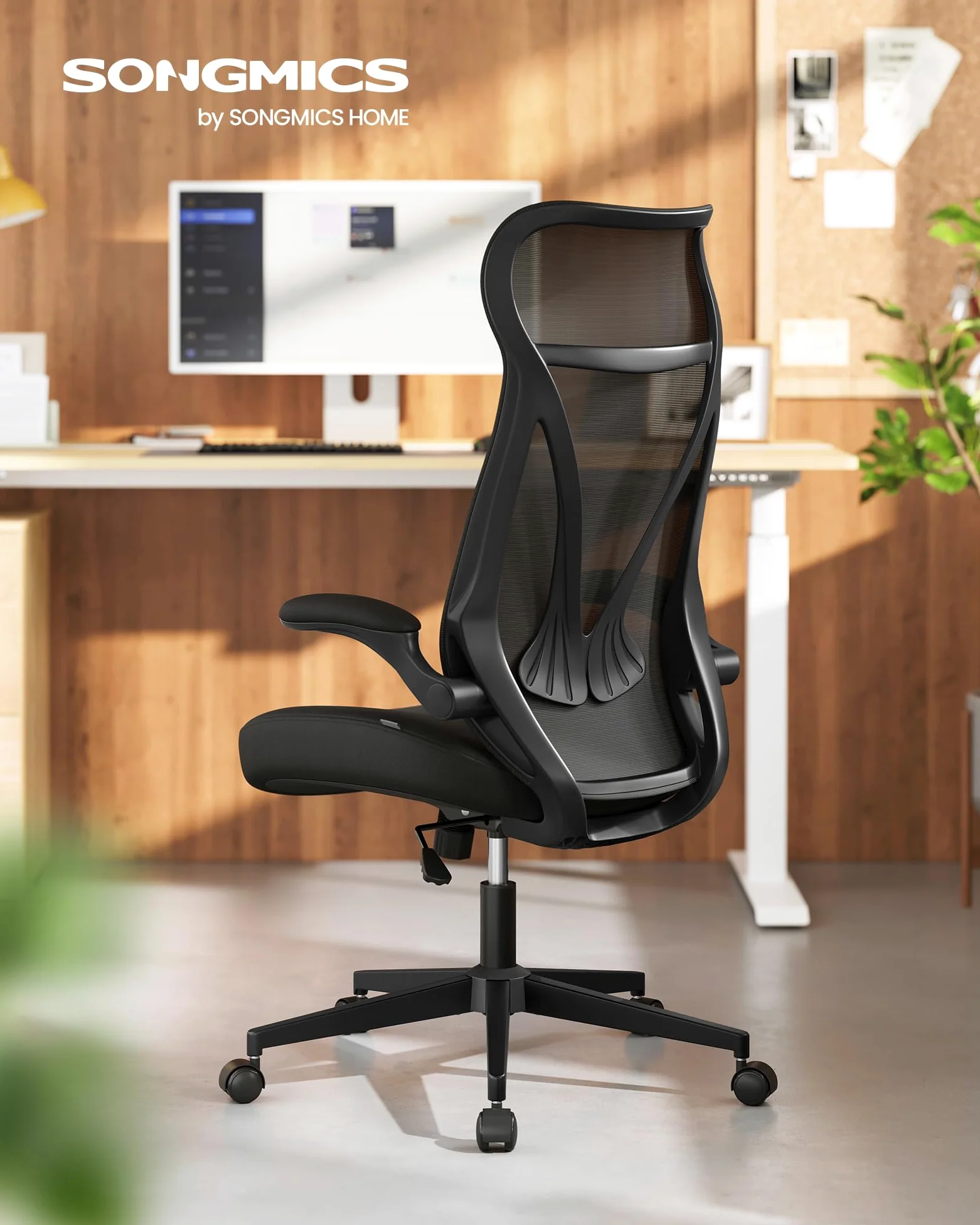 SONGMICS Sedia da Ufficio, Sedia da Scrivania, Schienale Ergonomico, Altezza Regolabile, Braccioli Ribaltabili, Poltrona Girevole con Poggiatesta, Portata 150 kg, Nero Inchiostro OBN088B01