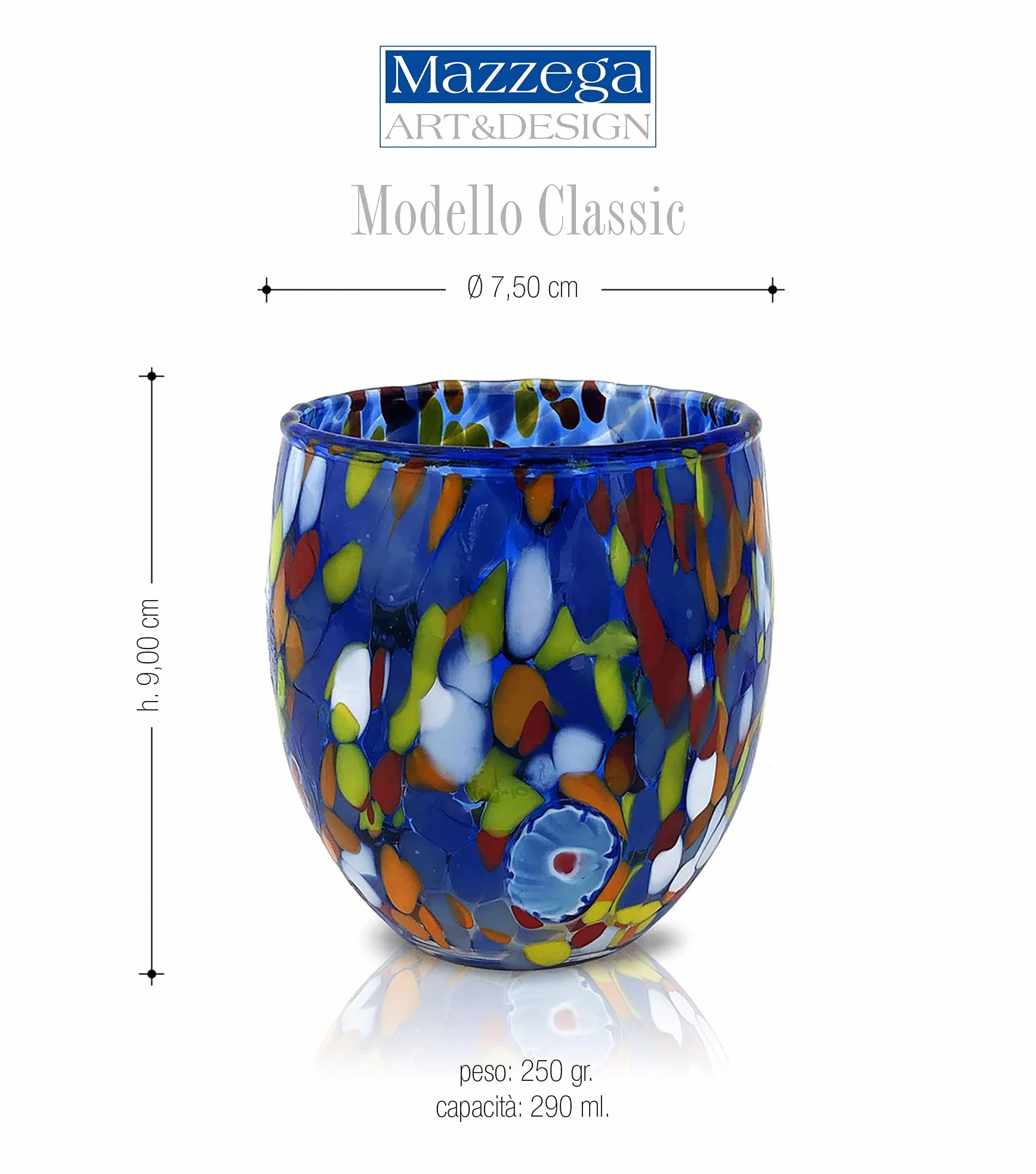 MAZZEGA ART & DESIGN - 6 Bicchieri da Acqua Classic in Vetro Soffiati e Lavorati a Mano con Murrine di Murano, linea “I Colori di Murano” 320 ml. Made in Italy (GIFT BOX, 6)