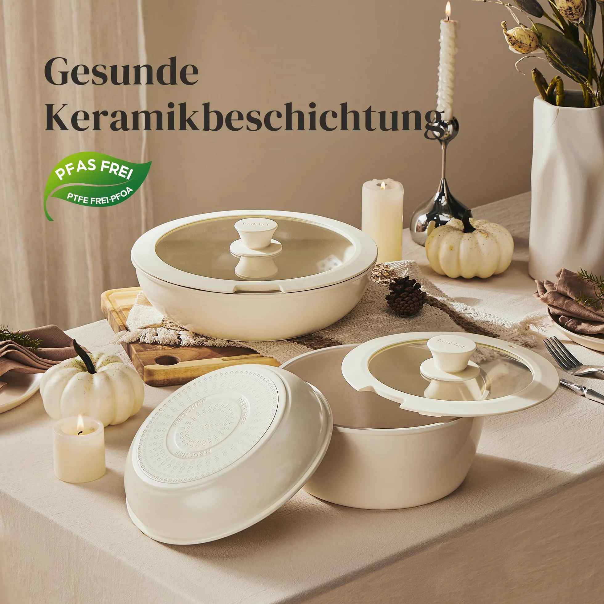 Redchef Set di Pentole in Ceramica 16 Pezzi, Padelle Antiaderente con Manico Rimovibile, Bianco
