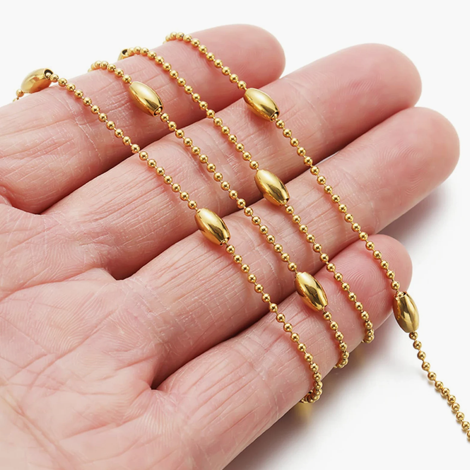 Catena sottile in acciaio inossidabile con catena a maglie intrecciate, lunghezza 4 mm, catenina con perline satellitari, 4 mm, con bobina per gioielli fai da te