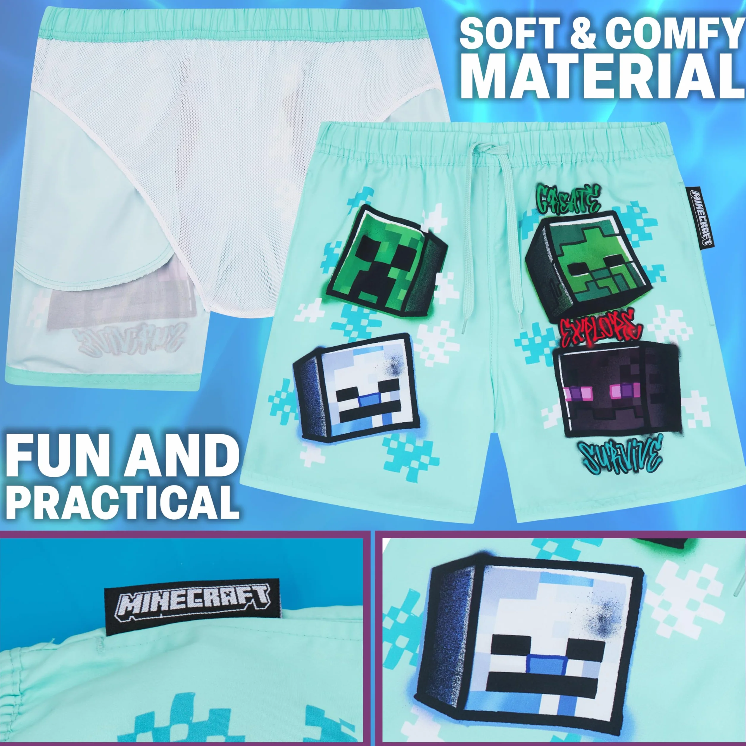 Costume da bagno Minecraft Pokemon Fortnite per ragazzi UPF 50 pantaloncini con rete spiaggia piscina