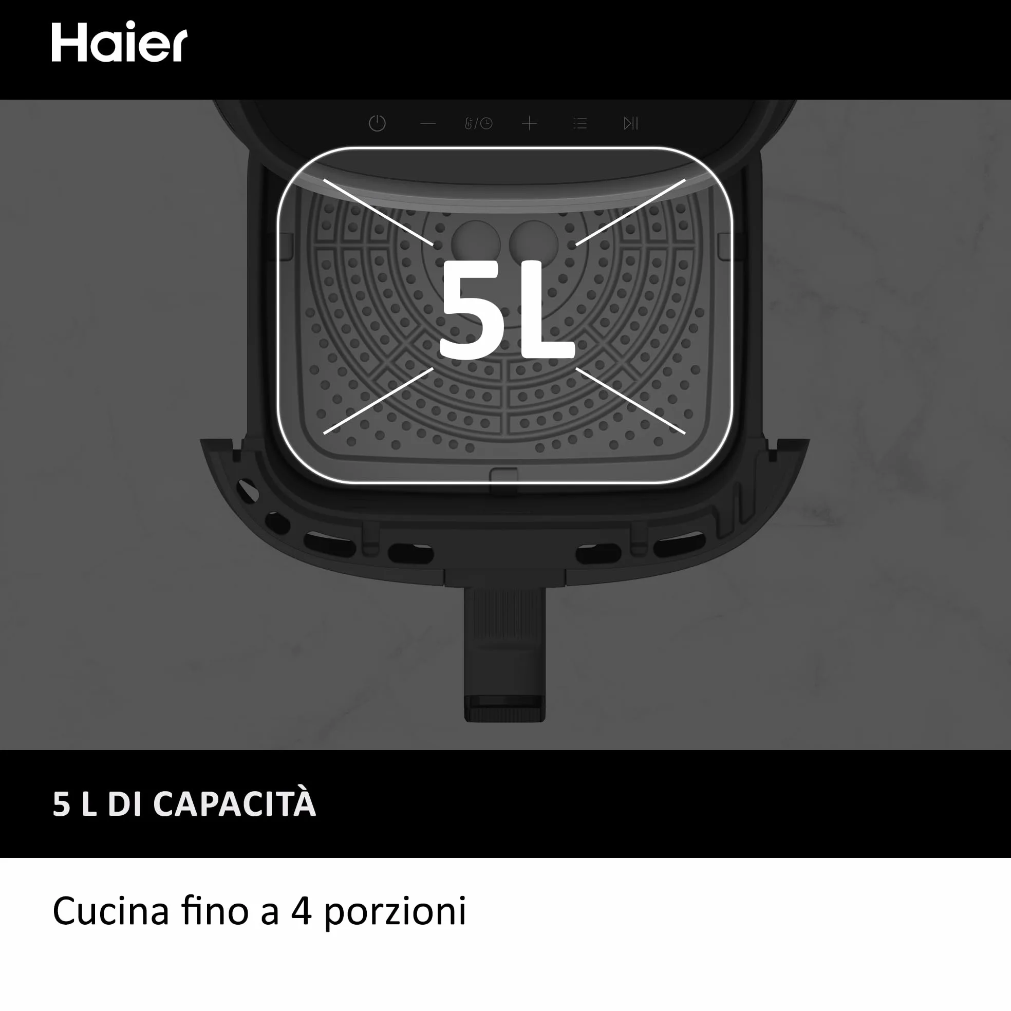 Haier Friggitrice ad aria I-Master, 6 in 1 con display touch, cuoci, arrostisci, griglia, scongela, capacità 5 litri per un massimo di 4 persone, [Nero]