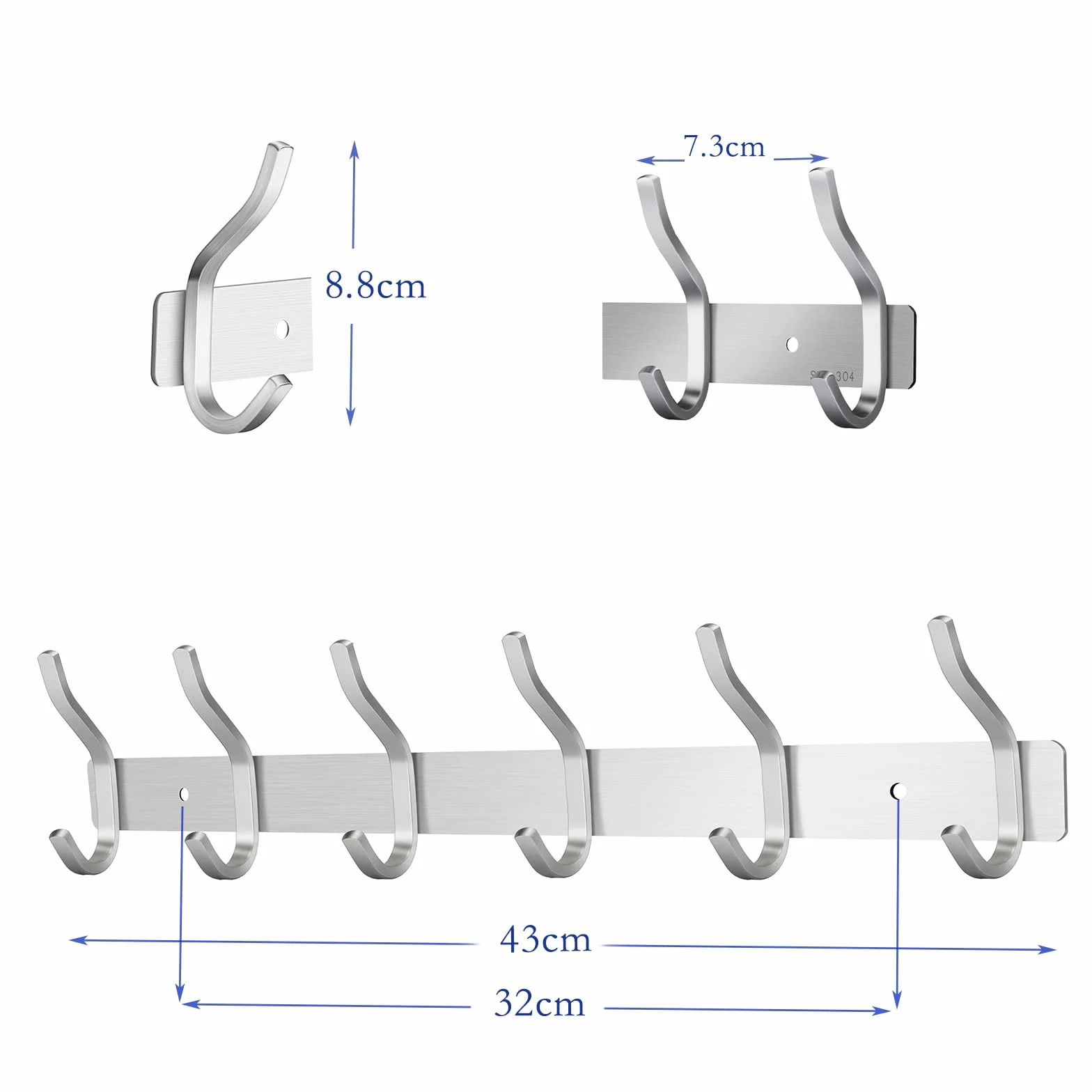 Appendiabiti da Parete in Acciaio Inox Moderno 6 Ganci Argento