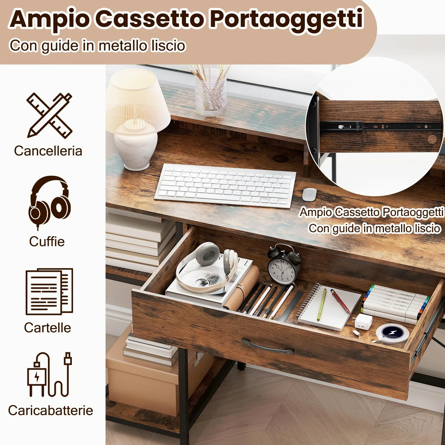 COSTWAY Scrivania Salvasapzio per Computer con Stazione di Ricarica 106 x 48 cm, Mensola sopra Tavolo, Cassetto e Libreria Laterale a 2 Ripiani, Tavolo Industriale per Ufficio e Casa (Marrone Rustico)