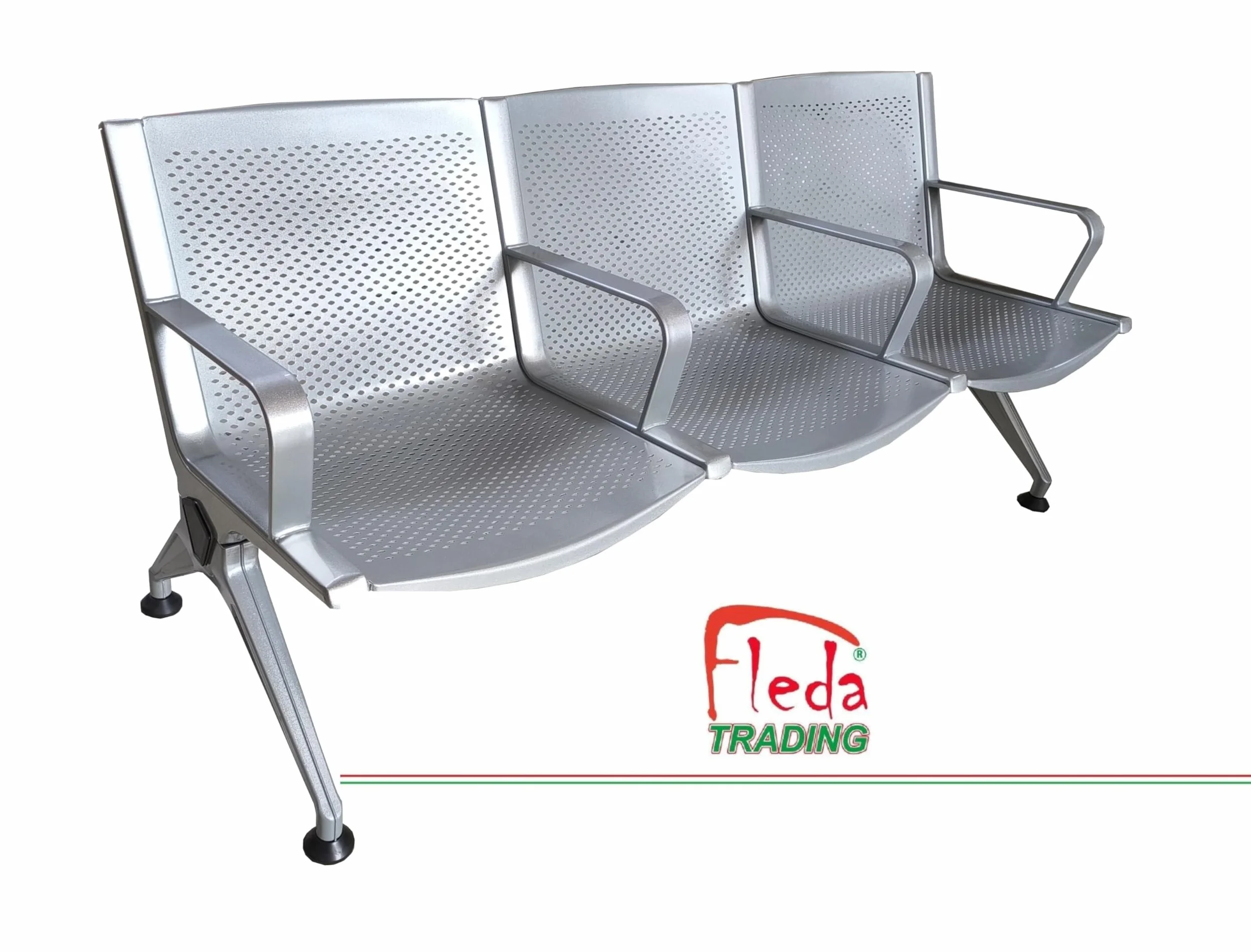 Panca in Metallo per Sala d'Attesa 3 Posti, Sedute Ufficio in Acciaio Verniciato Grigio con Lamiera Traforata Sagomata, Design Elegante e Moderno per Studio Professionale, 175x68x77 cm