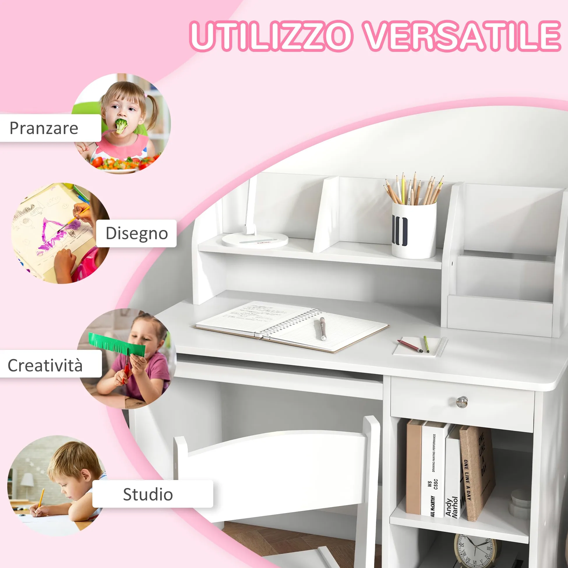 ZONEKIZ Tavolo Scrivania per Bambini con Sedia, Banco Scuola per Bambini da 5 a 8 Anni in Legno con Scaffale e Seggiola, Bianco