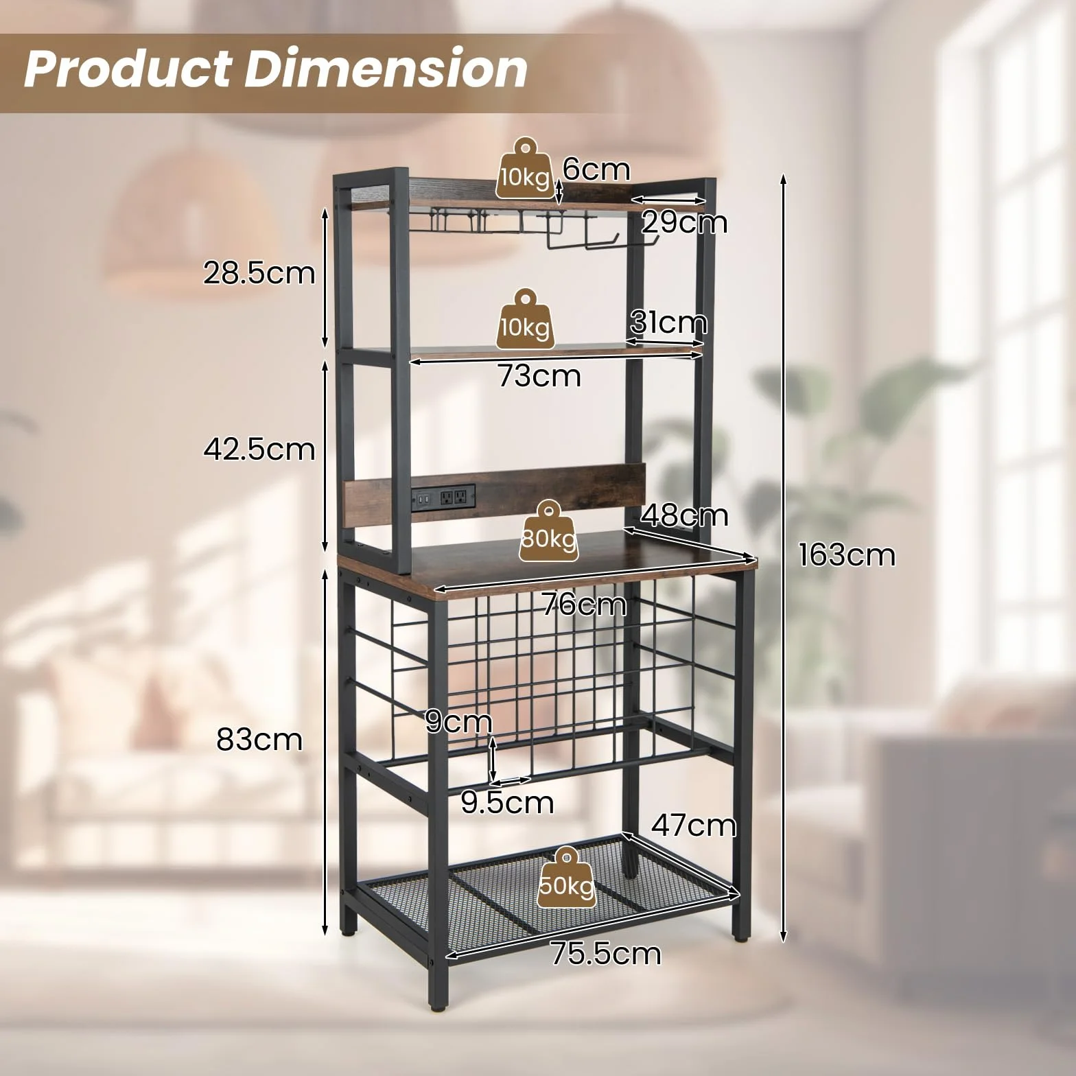 GIANTEX Scaffale Da Cucina Con Prese e Porte Usb, Armadietto Per Vino Con Supporto In Vetro Per 24 Bottiglie e 9 Bicchieri, Scaffale a 4 Livelli, 76 x 48 x 163 cm
