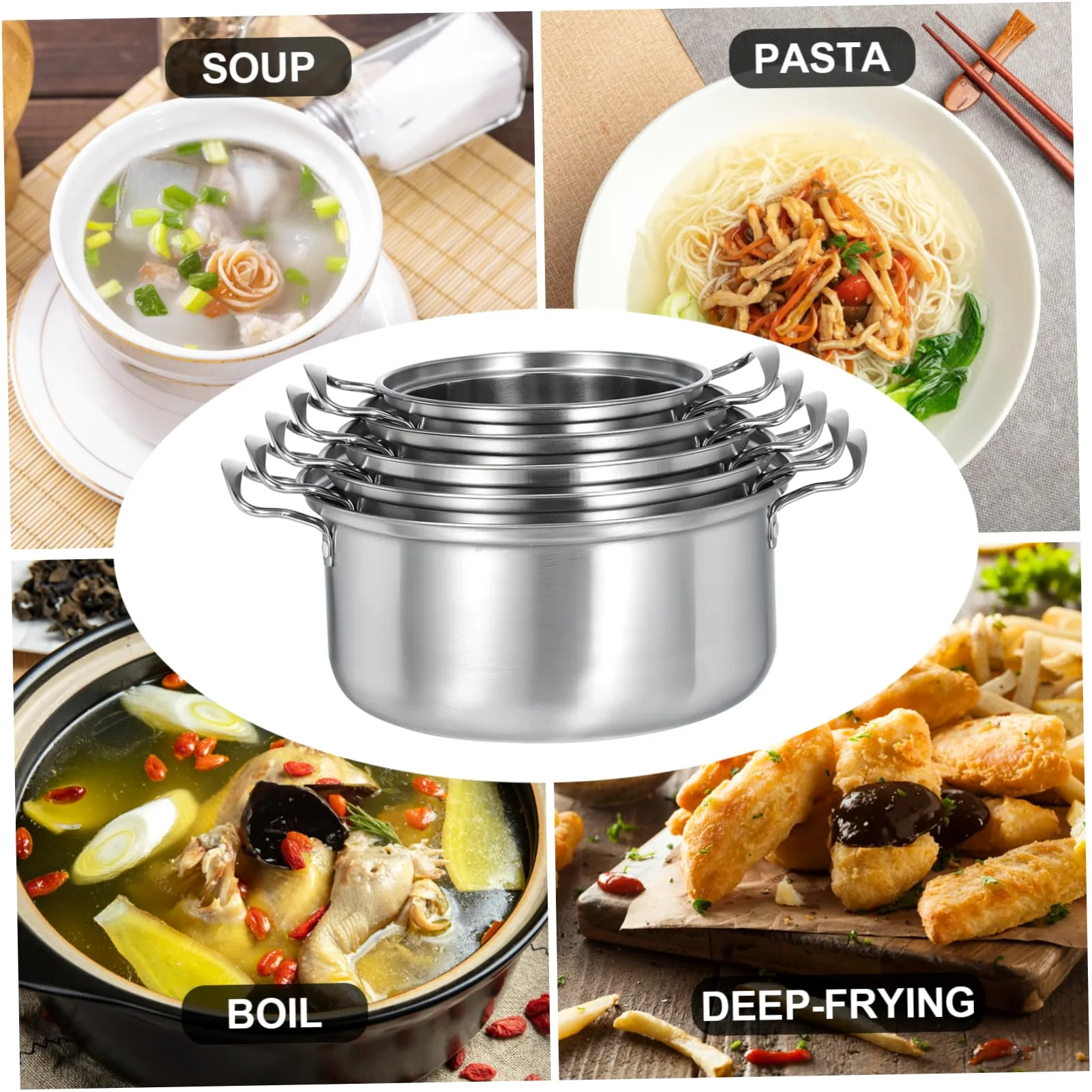 Gatuida Set 10 Pezzi Pentole in Acciaio Inox con Doppio Manico e Coperchio in Vetro, Pentole per Zuppa, Stufato e Porridge, Compatibili Piani Cottura a Induzione, per Cucina Domestica