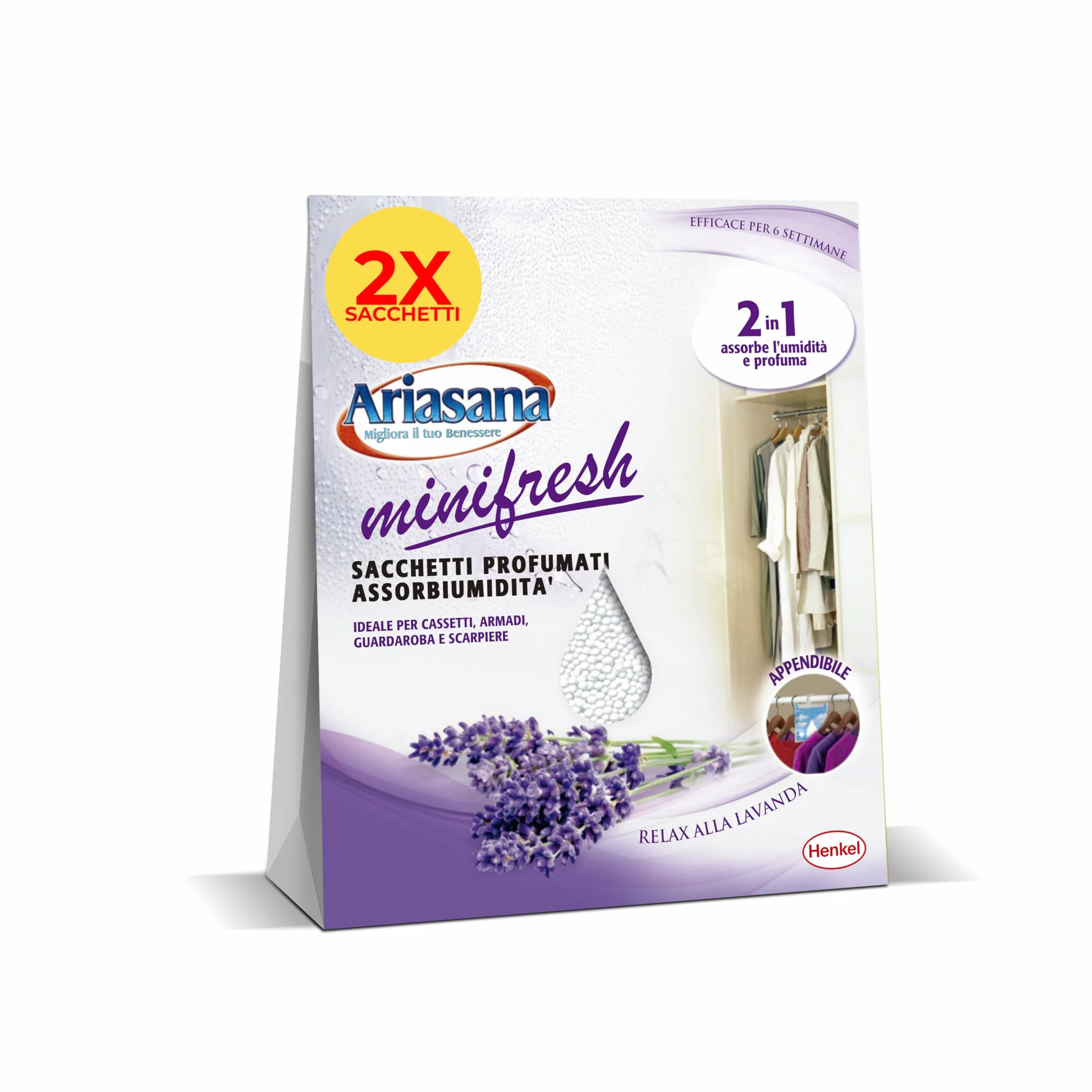 Ariasana Minifresh Relax alla Lavanda Sacchetti profumati 2in1, Sacchetti con doppia azione assorbiumidità e antiodore, Deodorante cassetti e armadi, 2 sacchetti da 50g