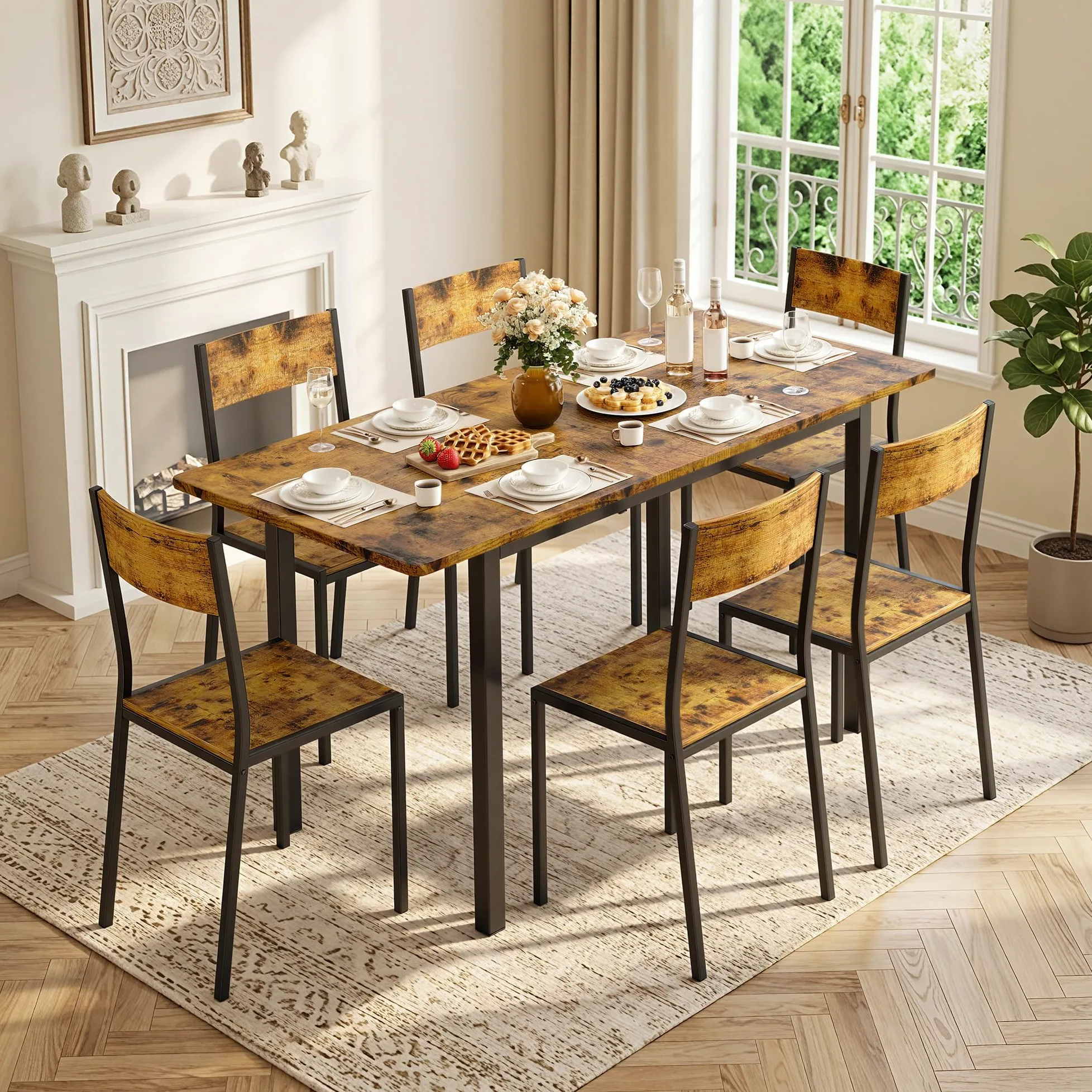 Xbro Set Tavolo e Sedie 6 Posti Allungabile, Tavolo da Pranzo con 6 Sedie, Salvaspazio, Struttura in Metallo Stabile, Facile da Montare, Cucina Soggiorno 110–140 cm