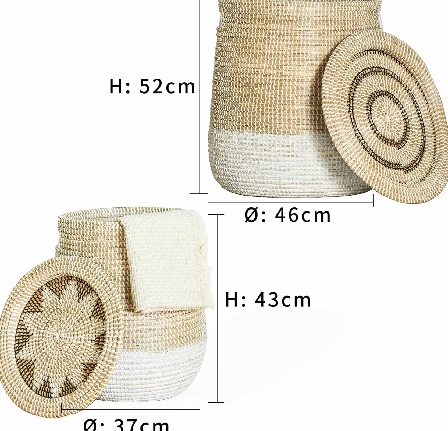 Cesto Portabiancheria Grande con Coperchio, Cesto Intrecciato in Alghe Marine, Adatto per Riporre Vestiti, Giocattoli e Cuscini, Bianco e Marrone, 45,14 L/86,38 L