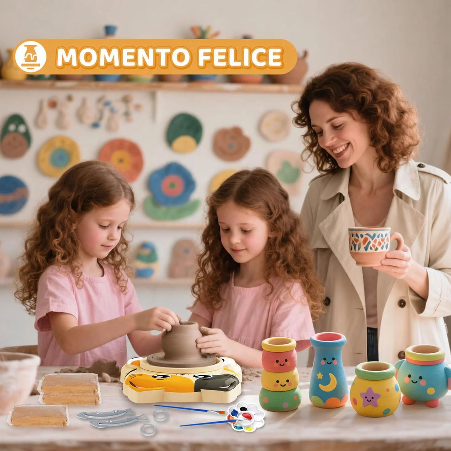 Tornio per Ceramica per Bambini Kit Completo Principianti Set Creativo 6+ Anni 3x Argilla Asciugatura all'Aria Fai da Te Regalo Pasqua