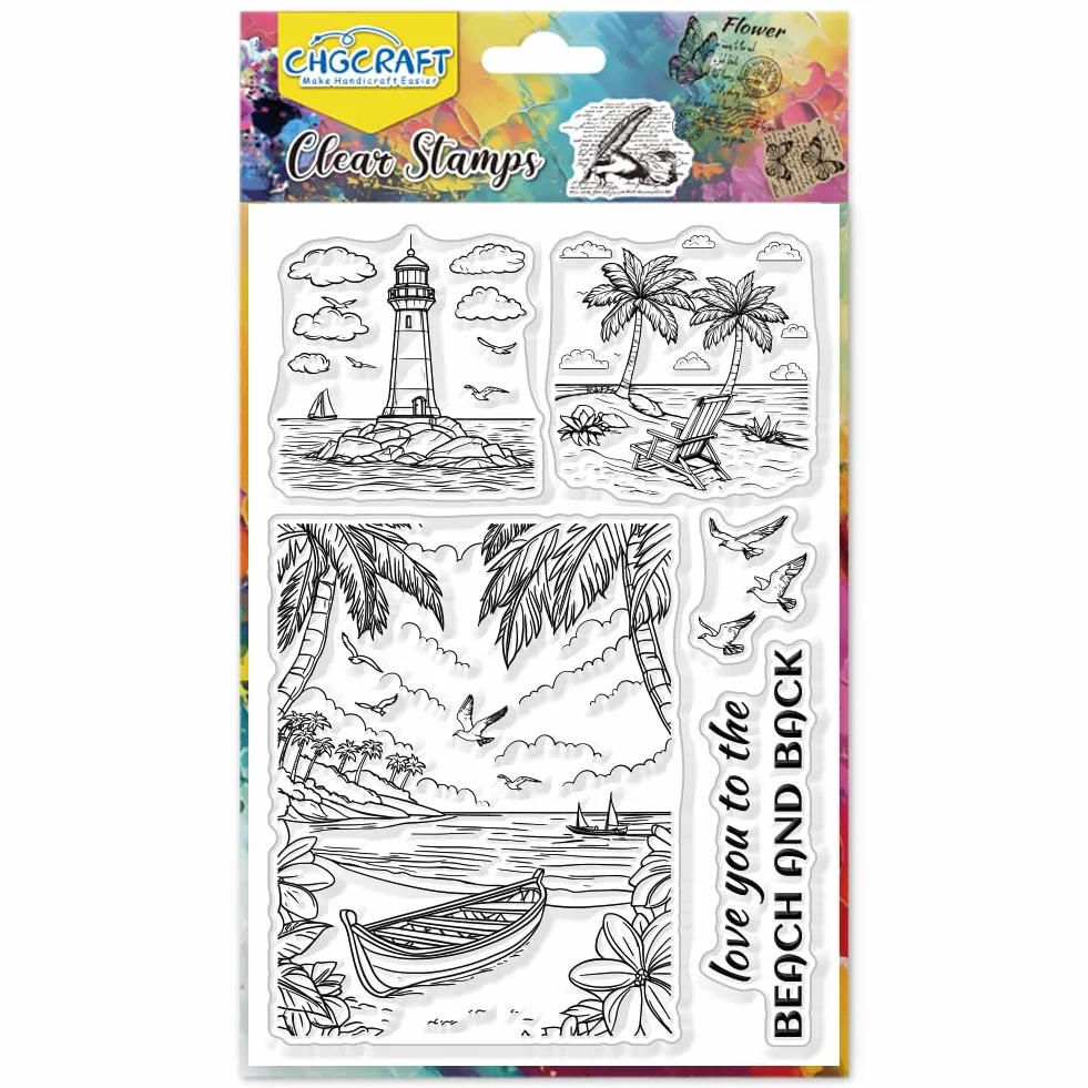 CHGCRAFT Timbri trasparenti per la spiaggia Isola Alberi di cocco Timbri trasparenti Faro Sigilli trasparenti in silicone per timbri per DIY Scrapbooking Decorazione album fotografico, 4,3x6,3 pollici