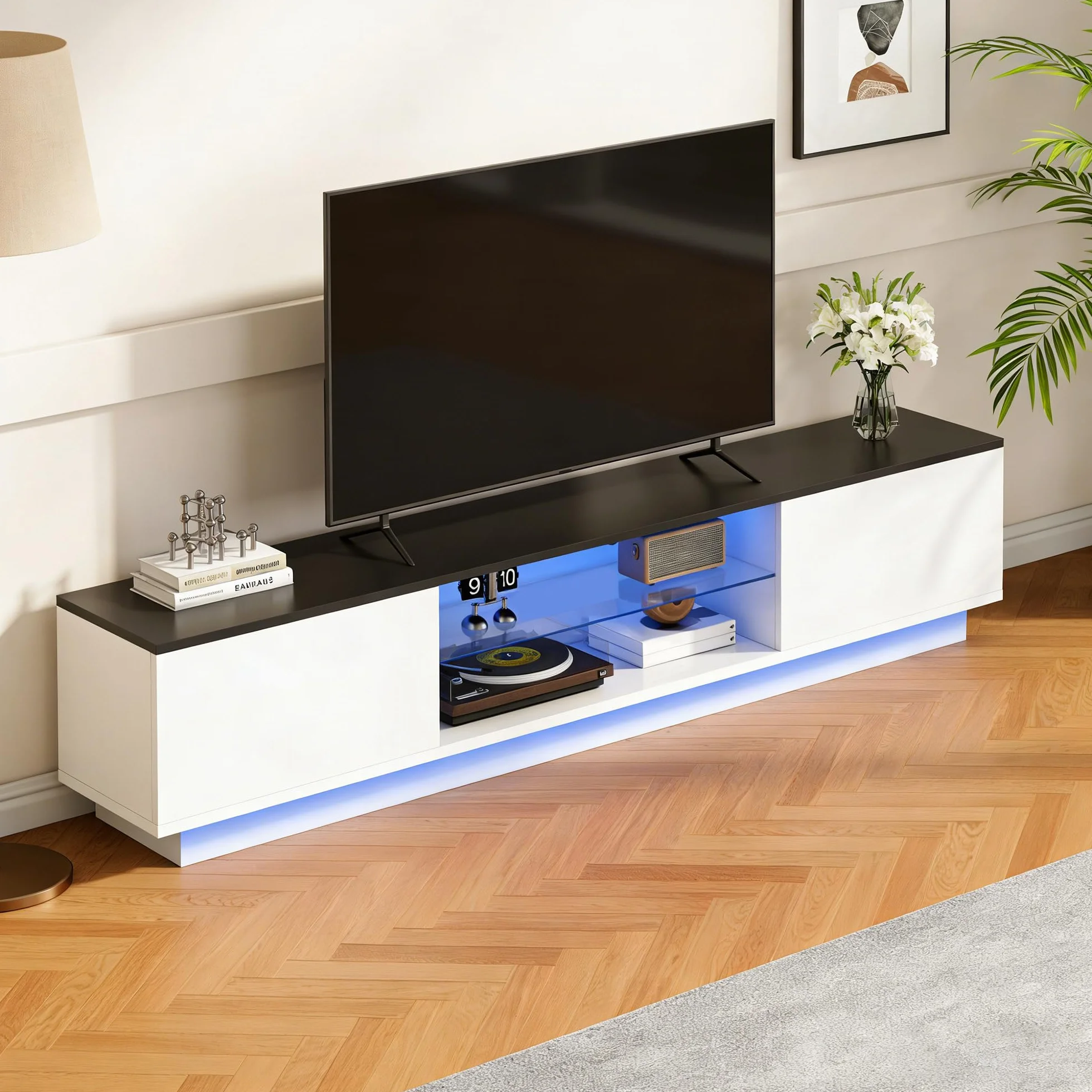 Mobile porta TV LED 160 cm, mobile per TV, mobile per TV, moderna credenza TV in legno con 2 scomparti portaoggetti, basso mobile soggiorno, mobile soggiorno (bianco, 3 (160 cm))