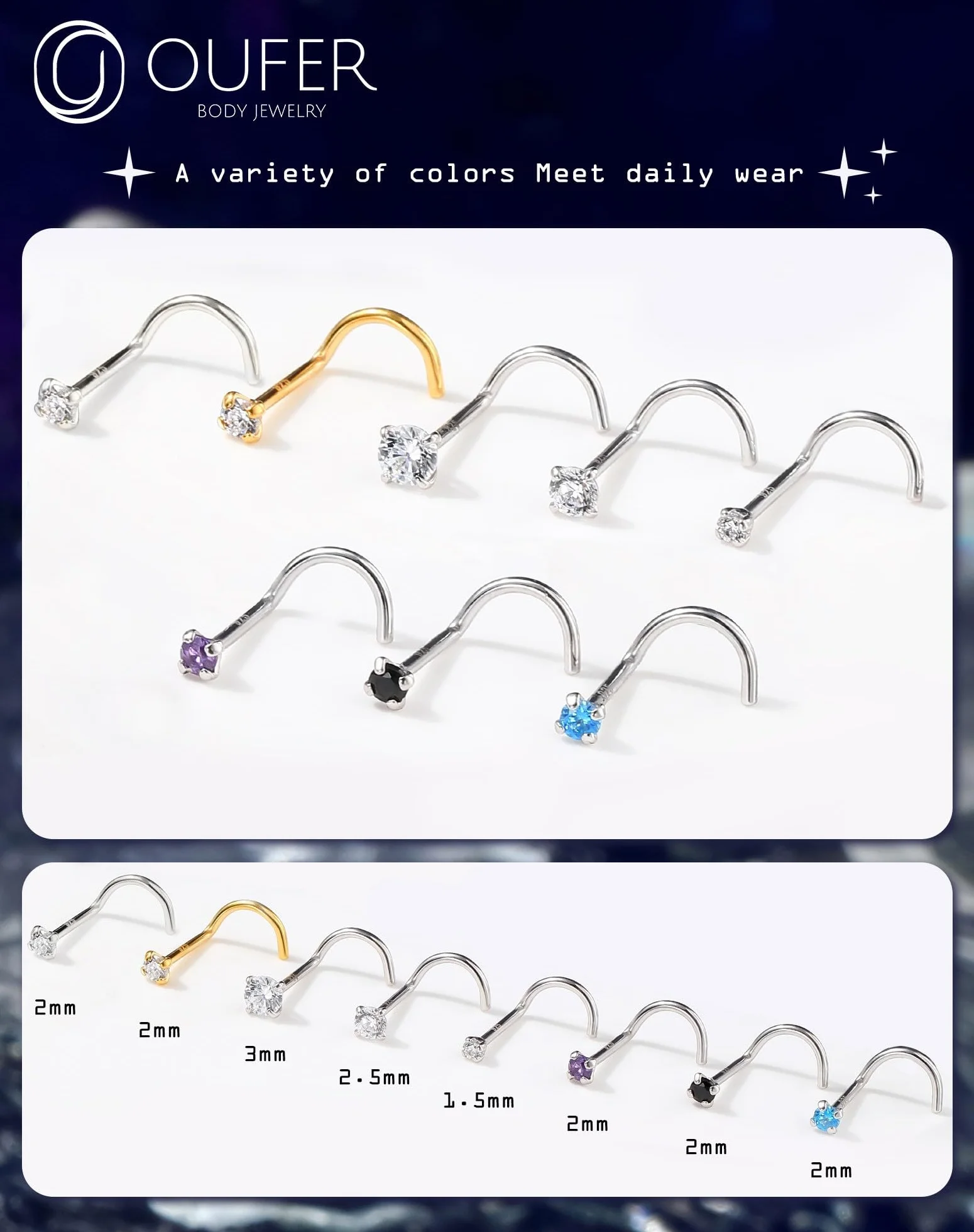 OUFER Piercing Naso Argento 925 Anello Naso 7mm Nose Ring CZ Viola/Blu/Nero Nostril