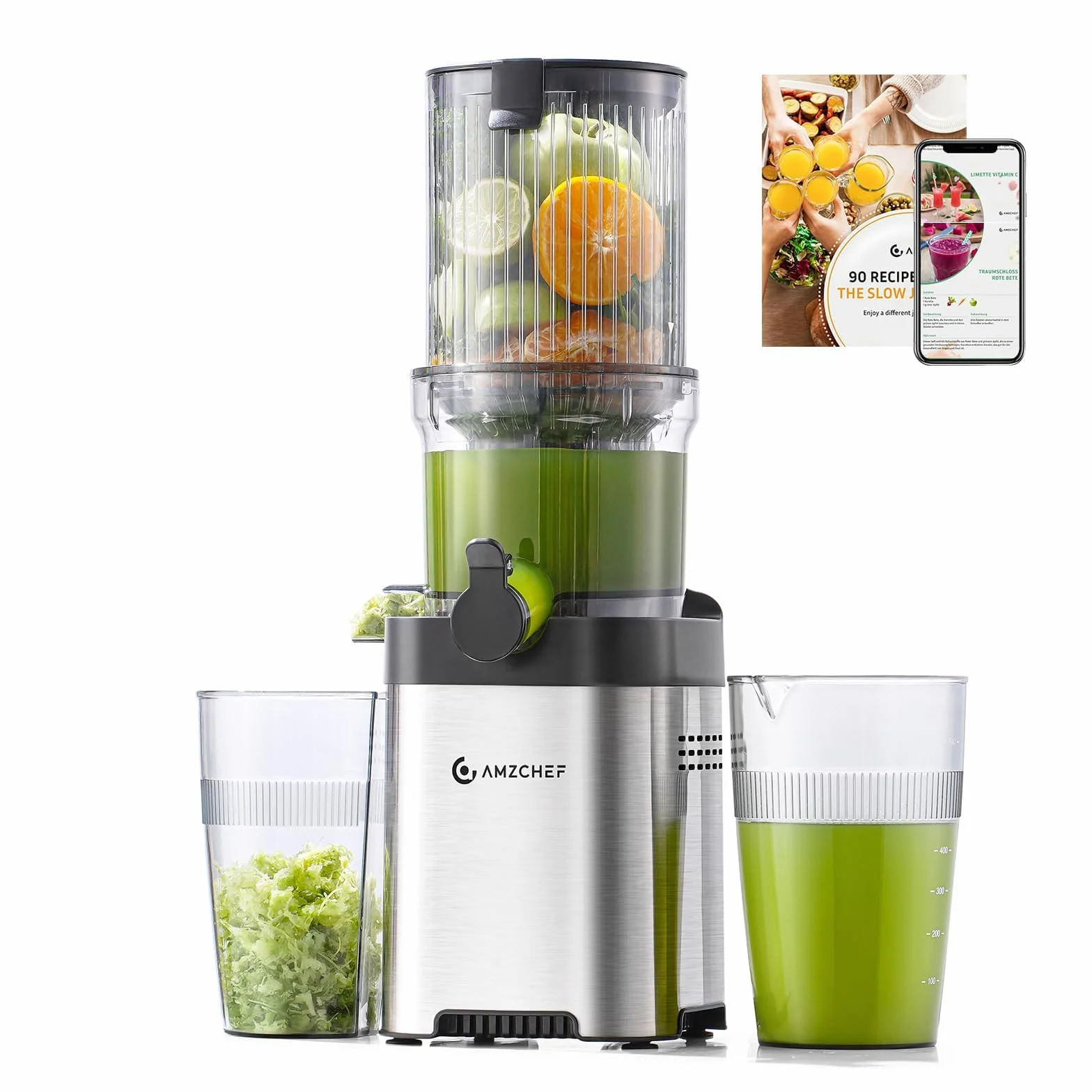 AMZCHEF Estrattore Frutta e Verdura, 120mm Bocca Larga con Taglio Automatico, Slow Juicer a Freddo 60RPM, Estrattore di Succo in Acciaio Inox, Facile da Pulire[Classe di efficienza energetica A+++]