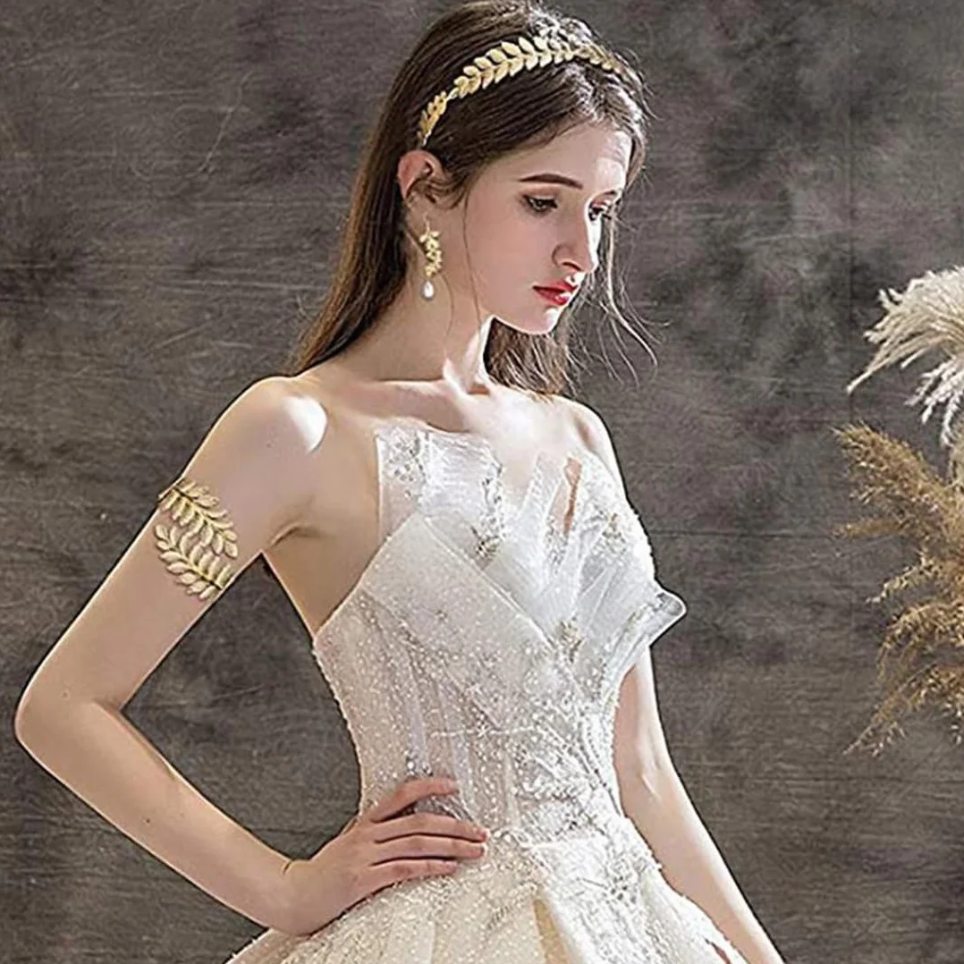 Corona Dea Tiara Orecchini Foglia Oro Perla Bracciali Boho Accessori per Capelli Foglie Corone Romane per Matrimonio