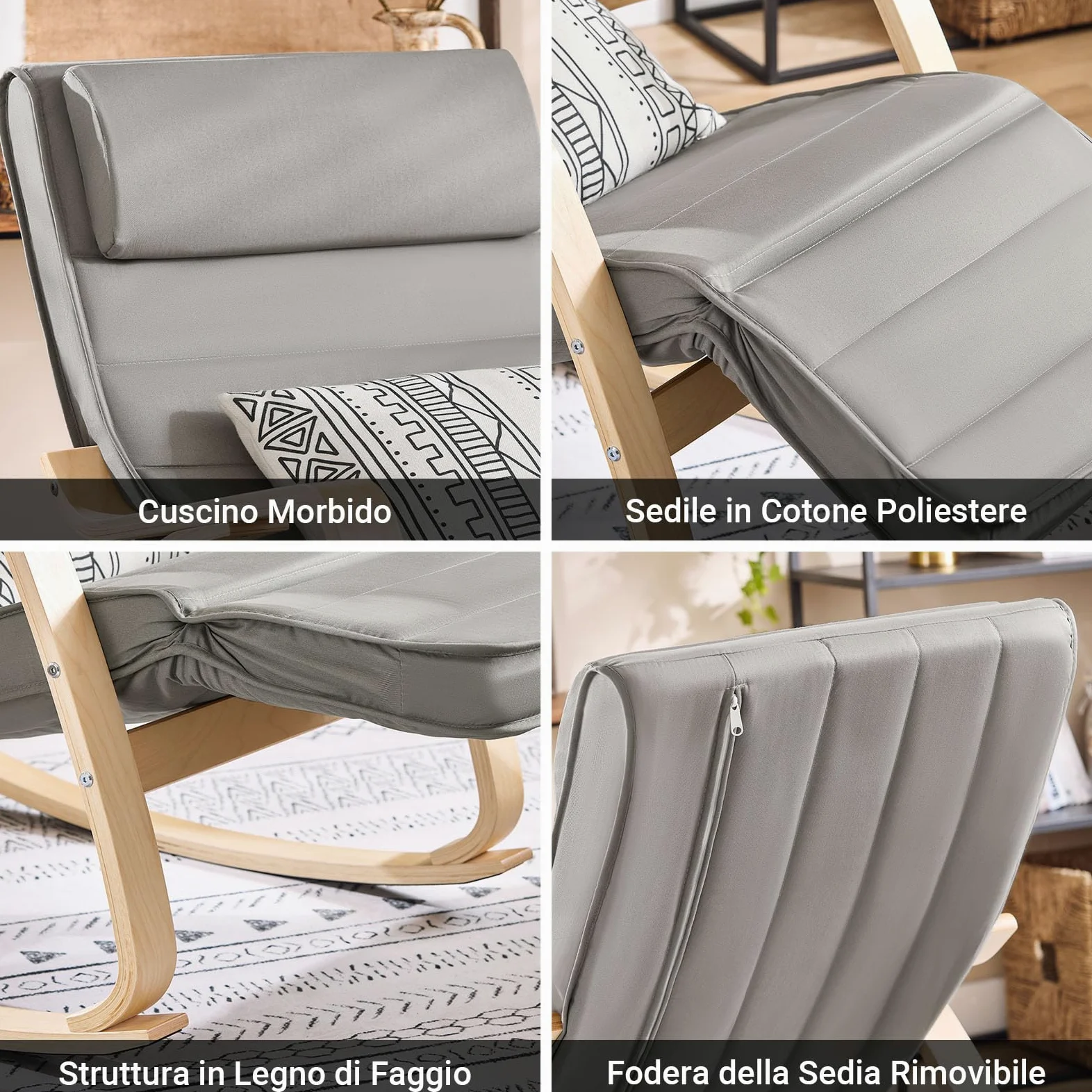 SoBuy Sedia a Dondolo – Poltrona a Dondolo con poggiapiedi e poggiatesta regolabili, Grigio FST16-DG