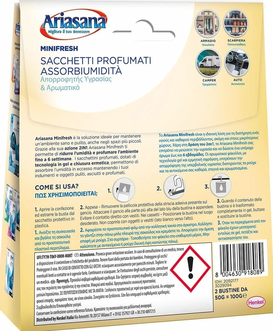 Ariasana Minifresh Coccole di Vaniglia Sacchetti profumati, Sacchetti assorbi umidità armadio e deodoranti 2 in 1, Profumatore armadio, cassetti e piccoli ambienti, sacchetti 2x50g