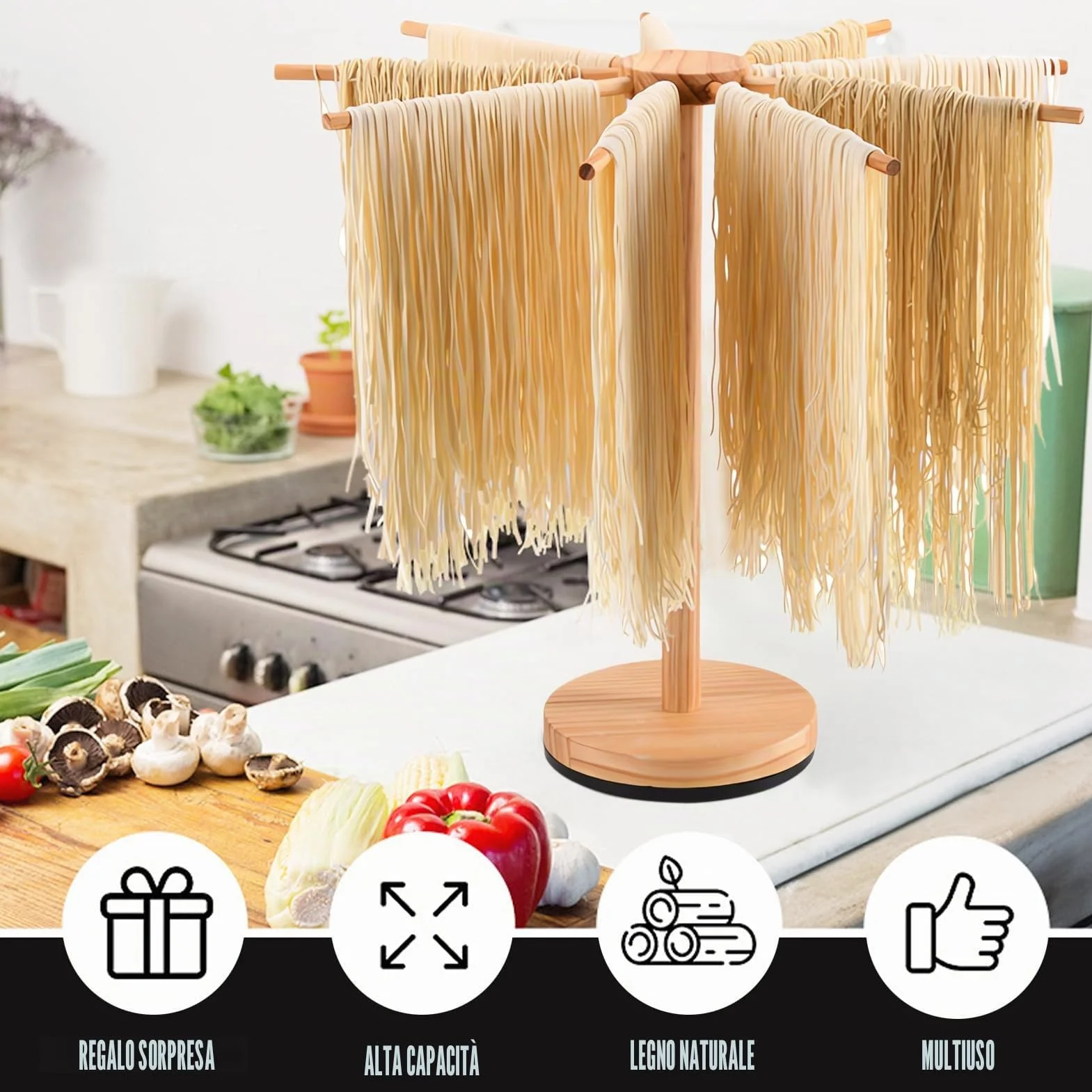 Stendino Pasta Fresca Girevole Pieghevole, Essiccatore Pasta in Legno