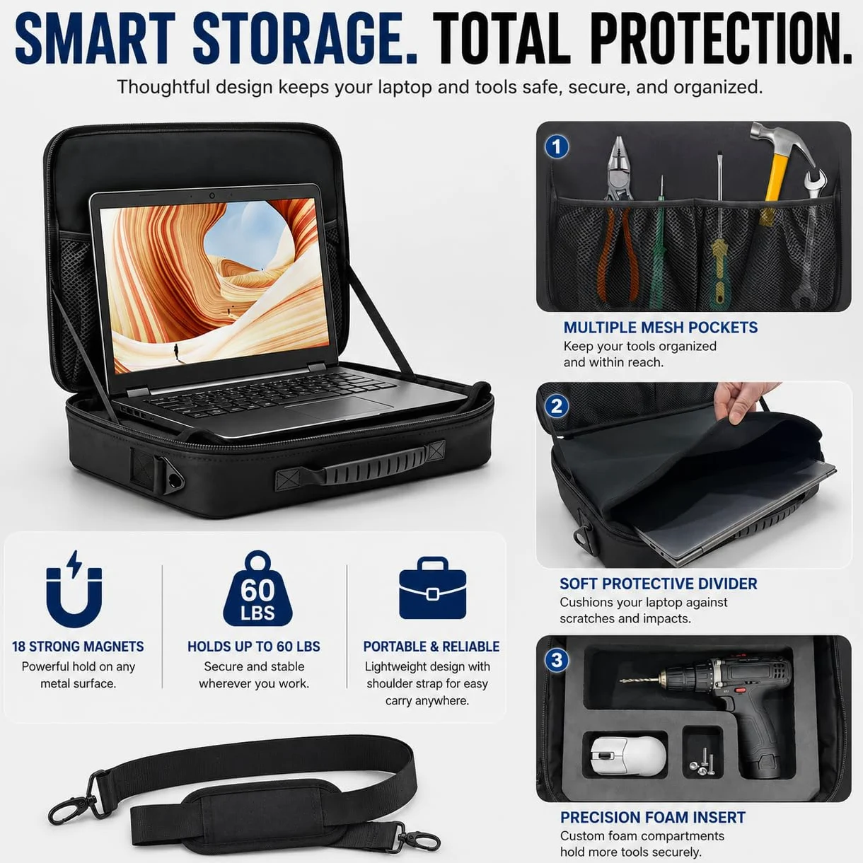 Postazione di lavoro magnetica portatile per computer portatile per tecnici, postazione di lavoro a 18 magneti, portata fino a 27 kg, cassetta degli attrezzi magnetica, robusto supporto per