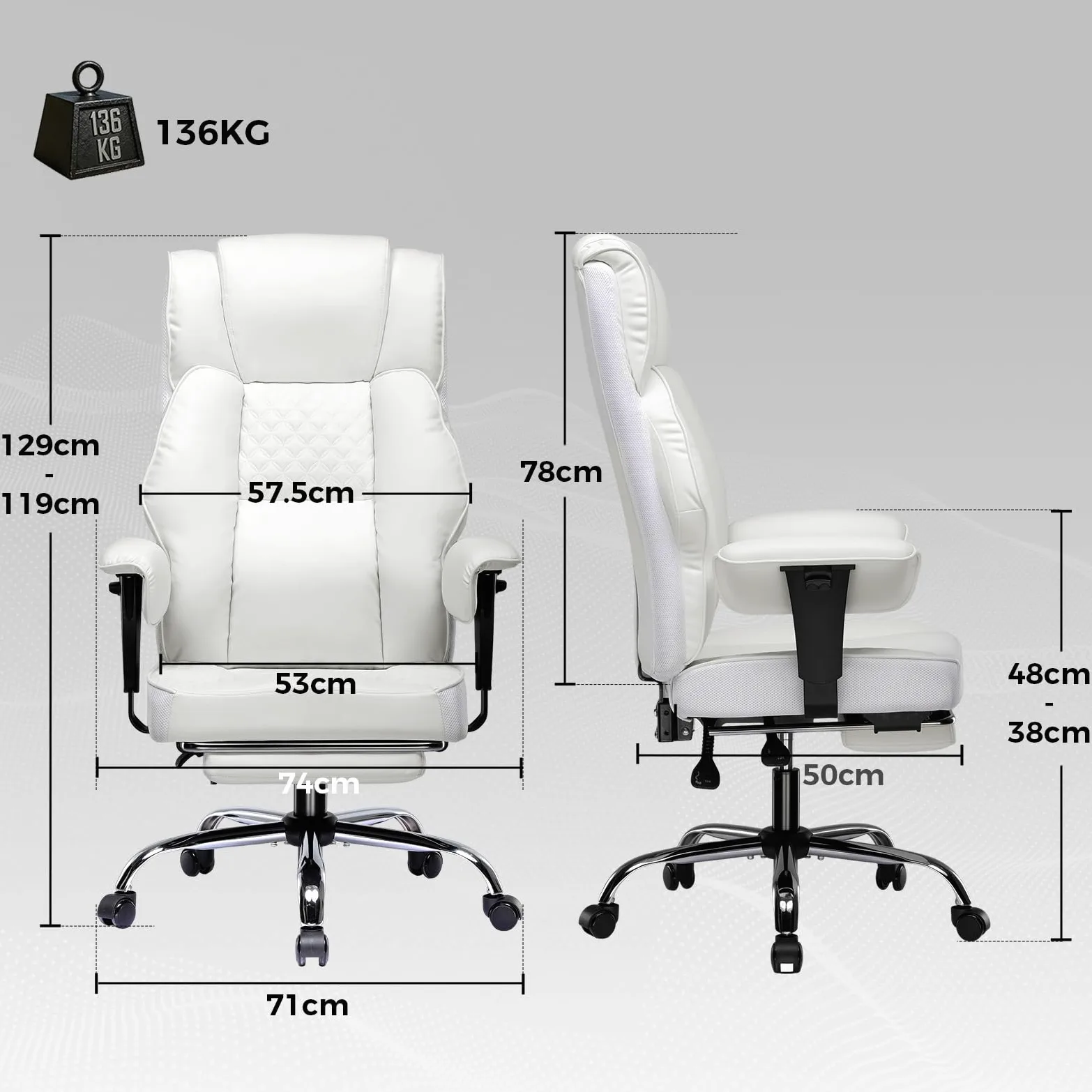 GTPLAYER Sedia da gaming, ampia sedia da ufficio con molla tascabile, sedia ergonomica per PC, regolabile e girevole con poggiapiedi, in ecopelle, 180 kg, bianco