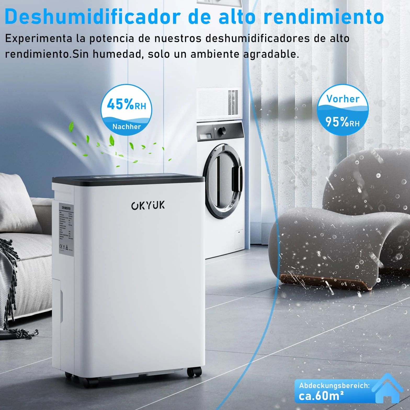 OKYUK Deumidificatore 12 litri/giorno, adatto per ambienti di circa 90 metri cubi (30 metri quadrati), Deumidificatore casa muffa, sbrinamento automatico, 32 dB, refrigerante R290, PD12R-03DE