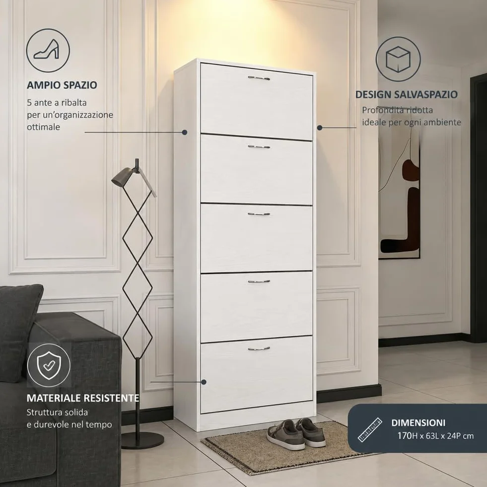 BAKAJI Scarpiera 5 Ripiani Salvaspazio in Legno 63x24x170 cm Bianco