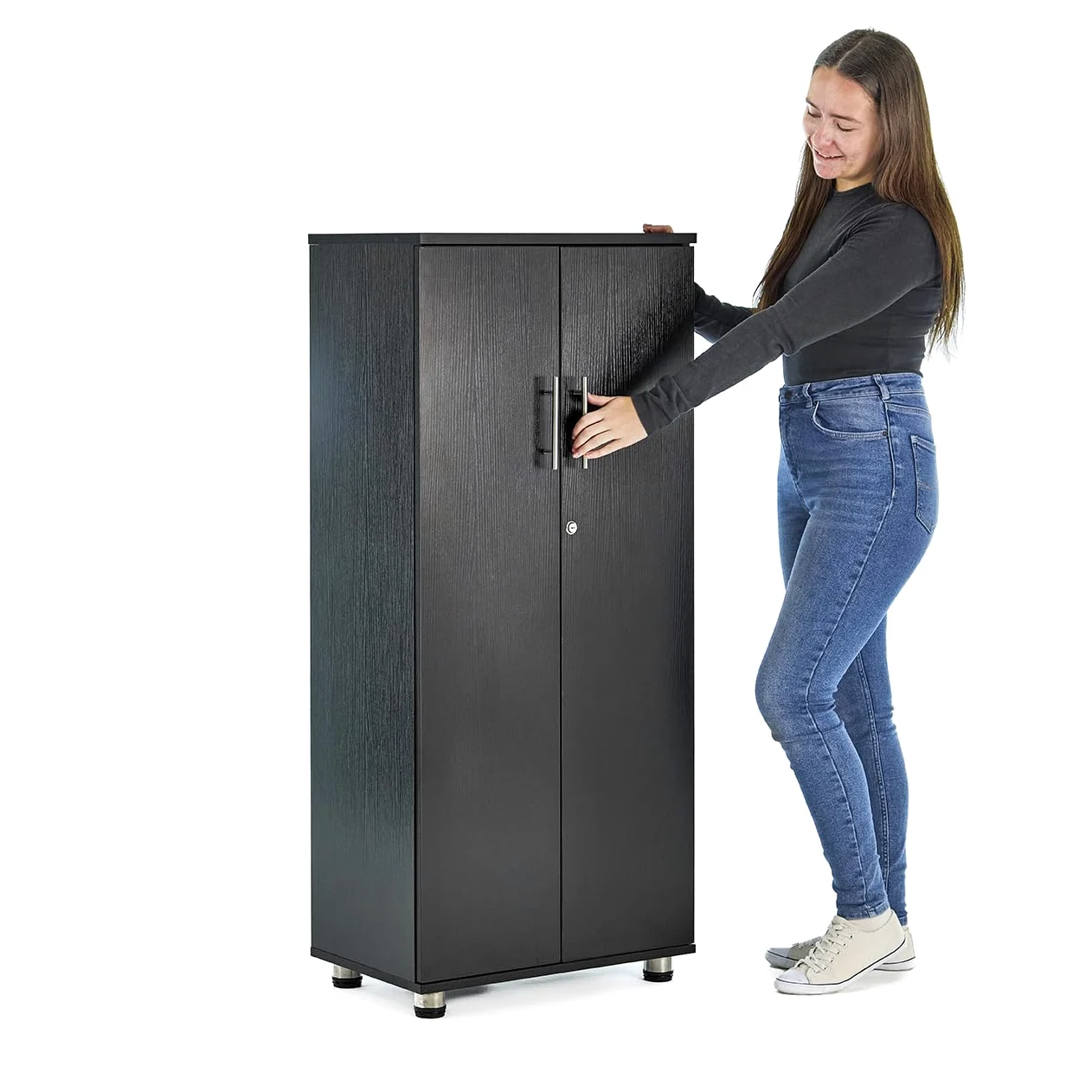 MMT Furniture Designs Armadietto da ufficio in legno nero, armadio con chiusura a 2 ante e 2 ripiani interni