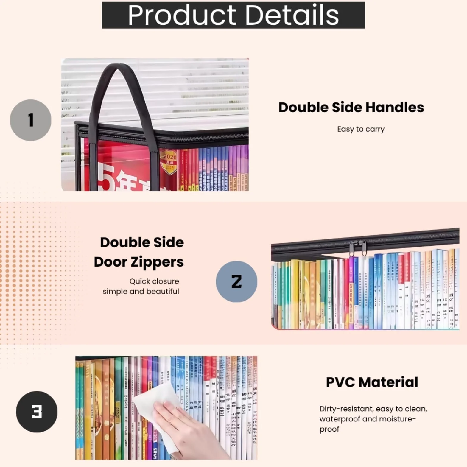 Borsa trasparente con manico, organizer con cerniera per traslochi, libri, CD, DVD, resistente, confezione da 2 (grande e piccola) (nero)