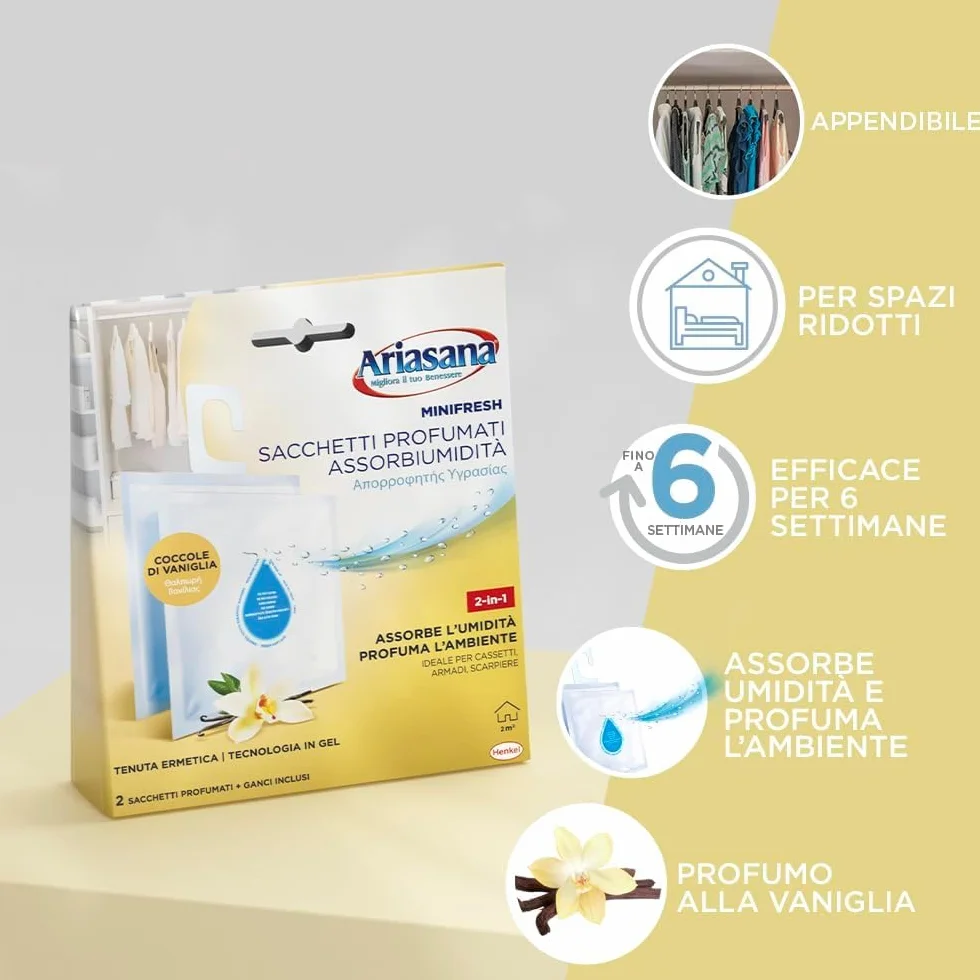 Ariasana Minifresh Coccole di Vaniglia Sacchetti profumati, Sacchetti assorbi umidità armadio e deodoranti 2 in 1, Profumatore armadio, cassetti e piccoli ambienti, sacchetti 2x50g