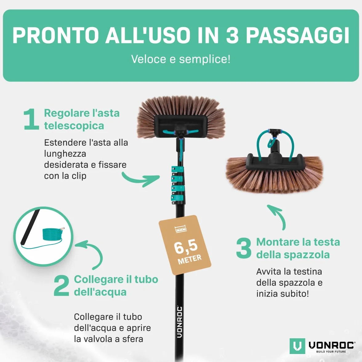 VONROC Kit pulizia pannelli fotovoltaici, 6,50m, Spazzola telescopica, Include spazzola multiuso, spazzola 2 in 1
