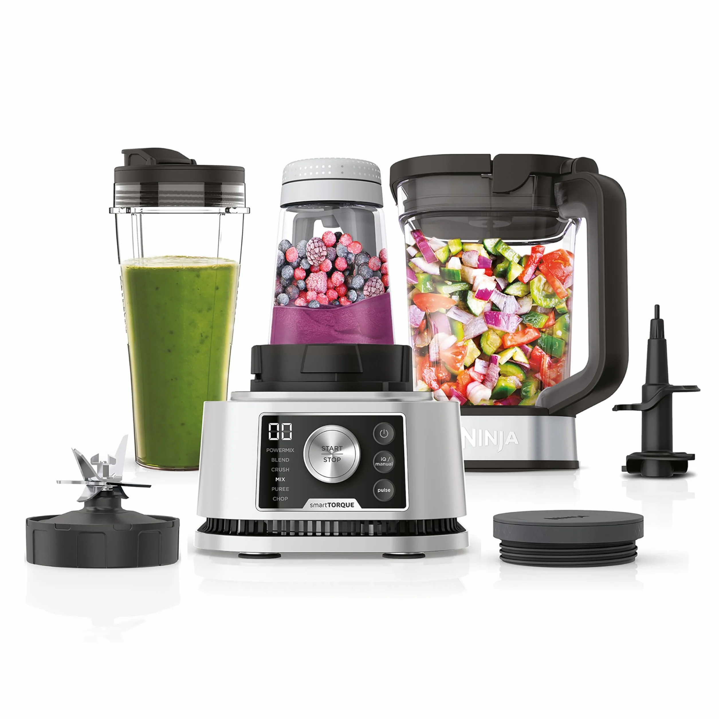 Ninja Foodi Frullatore Power Nutri 3 in 1,1200 W, caraffa da 2,1L, tazza 700ml e ciotola 400ml con Power Paddle, per frullati, creme dense e bibite ghiacciate, argento, CB350EU