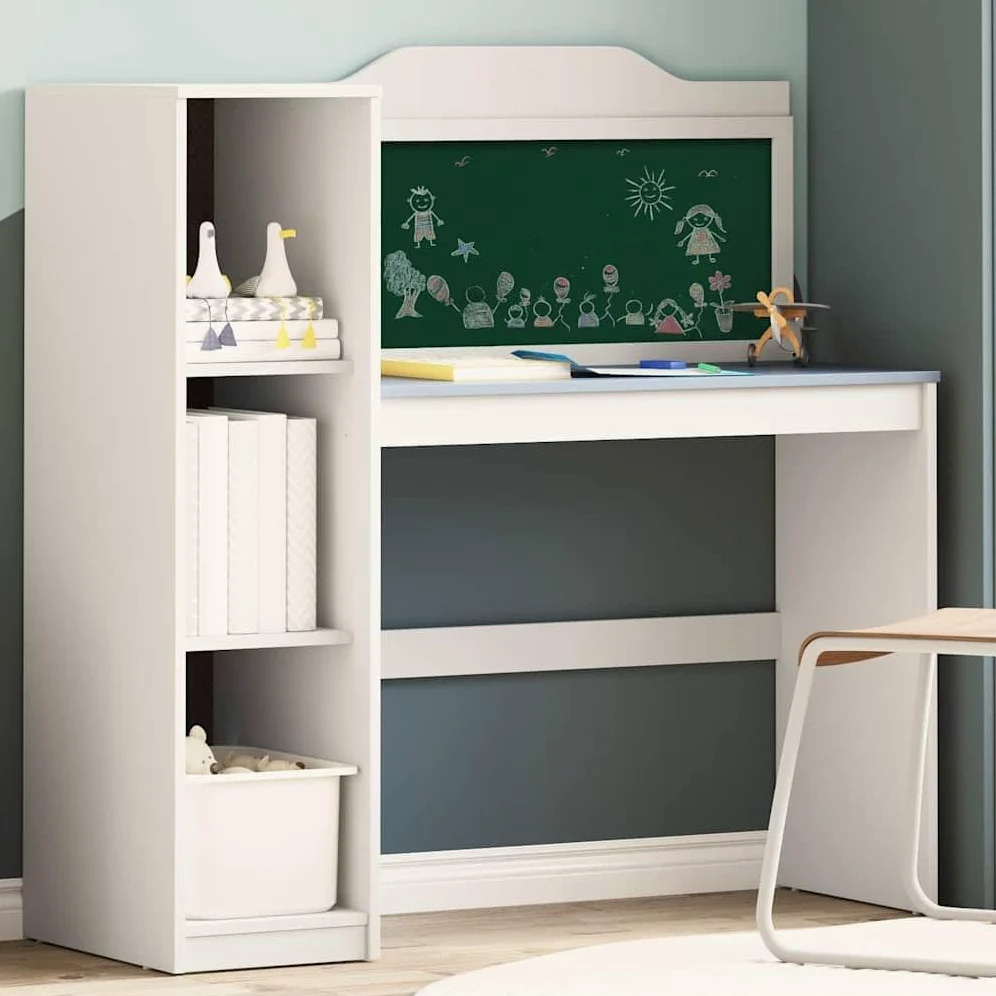 Scrivania moderna con lavagnetta e ripiano aperto, scrivania con lavagna da 120 cm e gambe quadrate, bianco con e ripiano