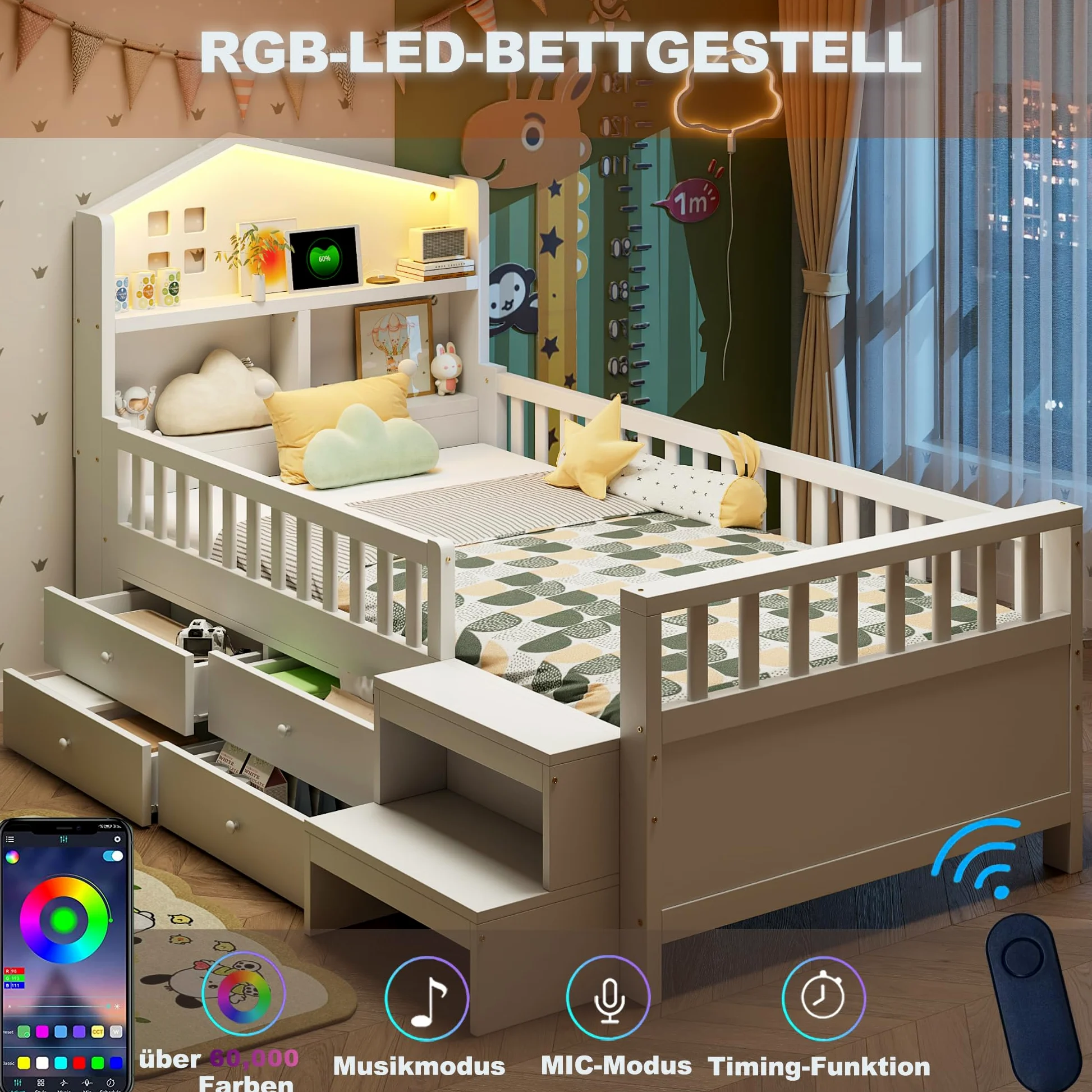Soweiz Letto per bambini 90x200 cm, letto singolo con sponda di sicurezza, con quattro cassetti, con gradini, letto in legno massiccio con rete a doghe (bianco)