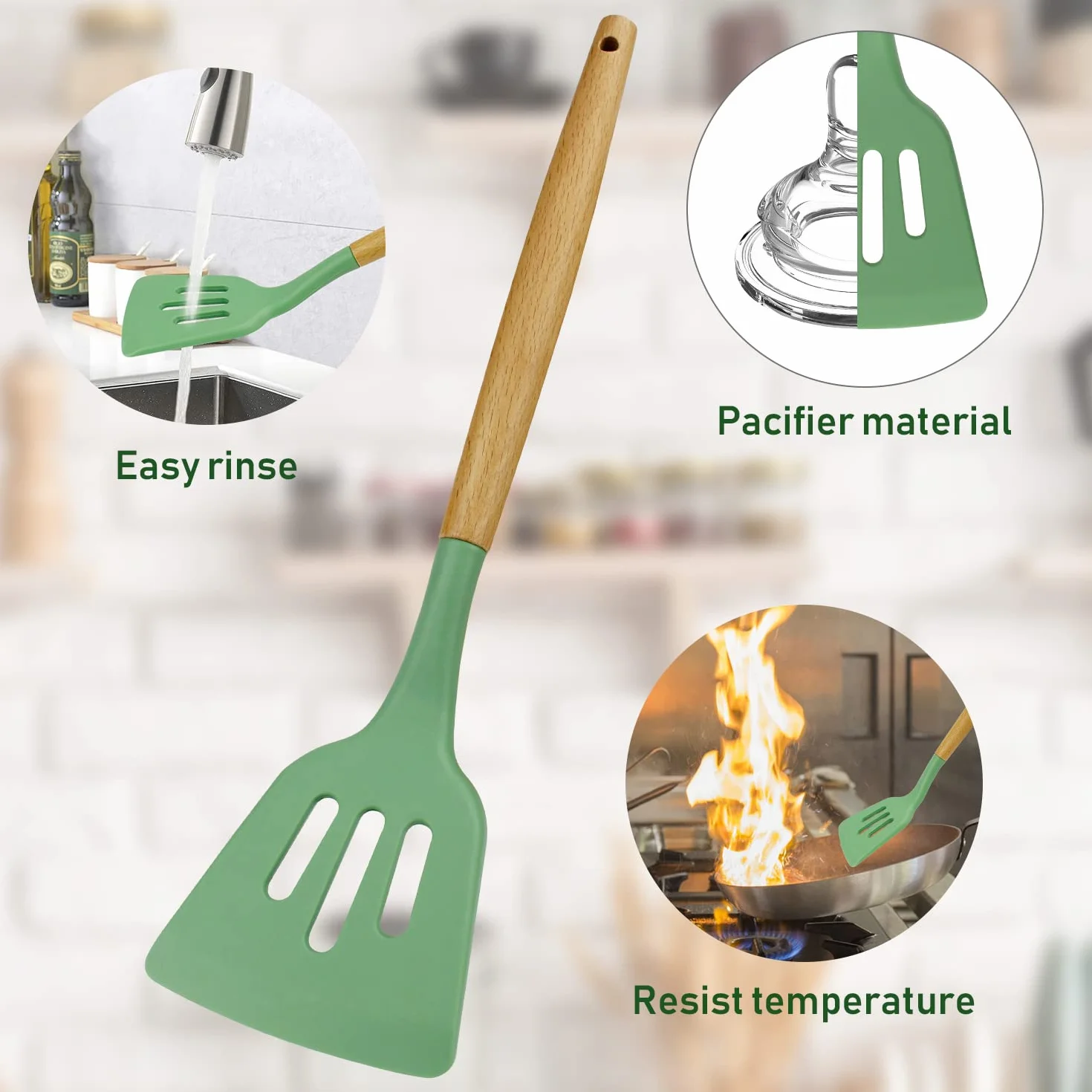 Set di 13 utensili da cucina in silicone resistente al calore con vassoio e manico in legno - Verde Avocado