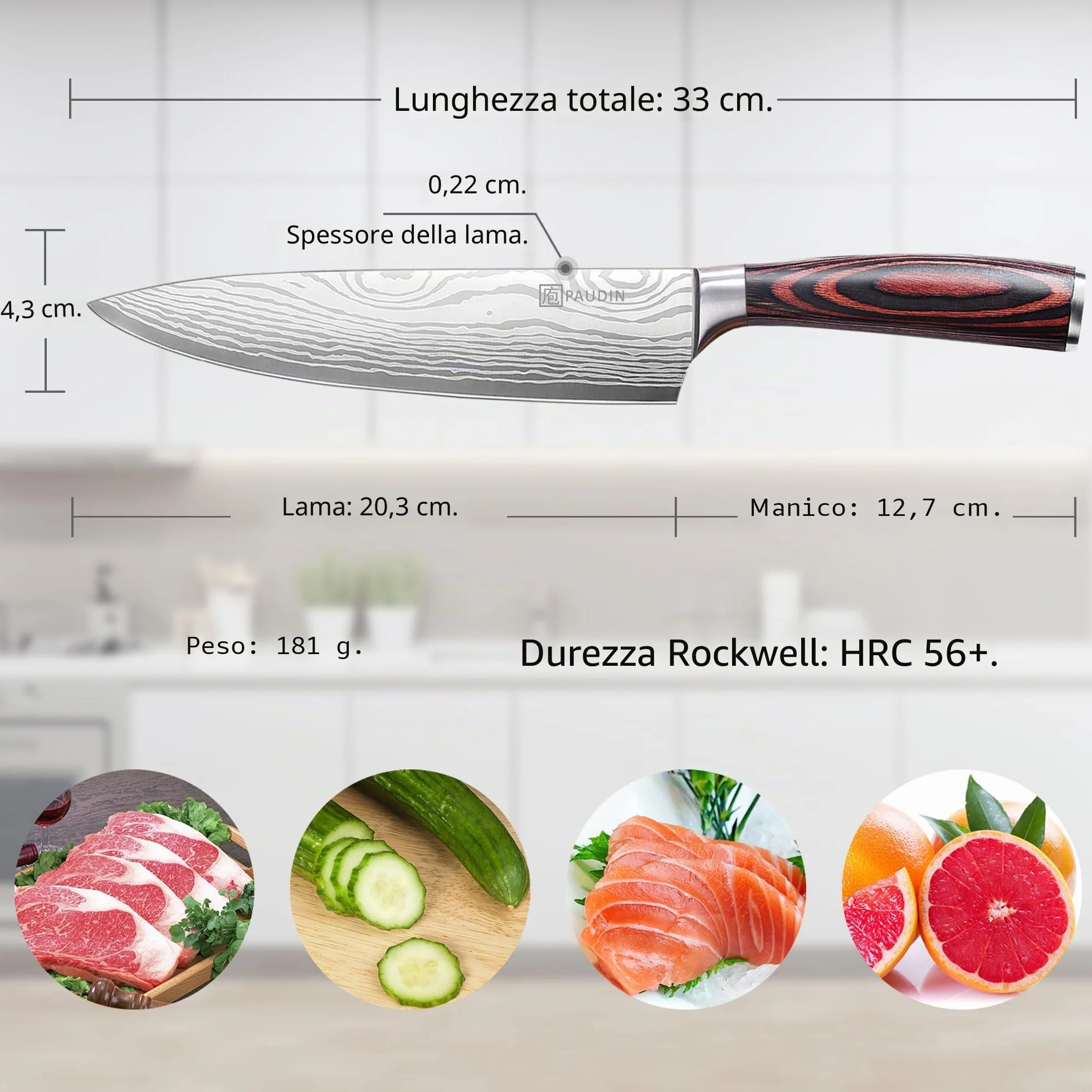 PAUDIN Coltello da Chef Professionale da 20 cm, da Cucina per Cuoco, in Acciaio Inossidabile al Carbonio di Alta Qualità, Lama Super Affilata con Impugnatura Ergonomica