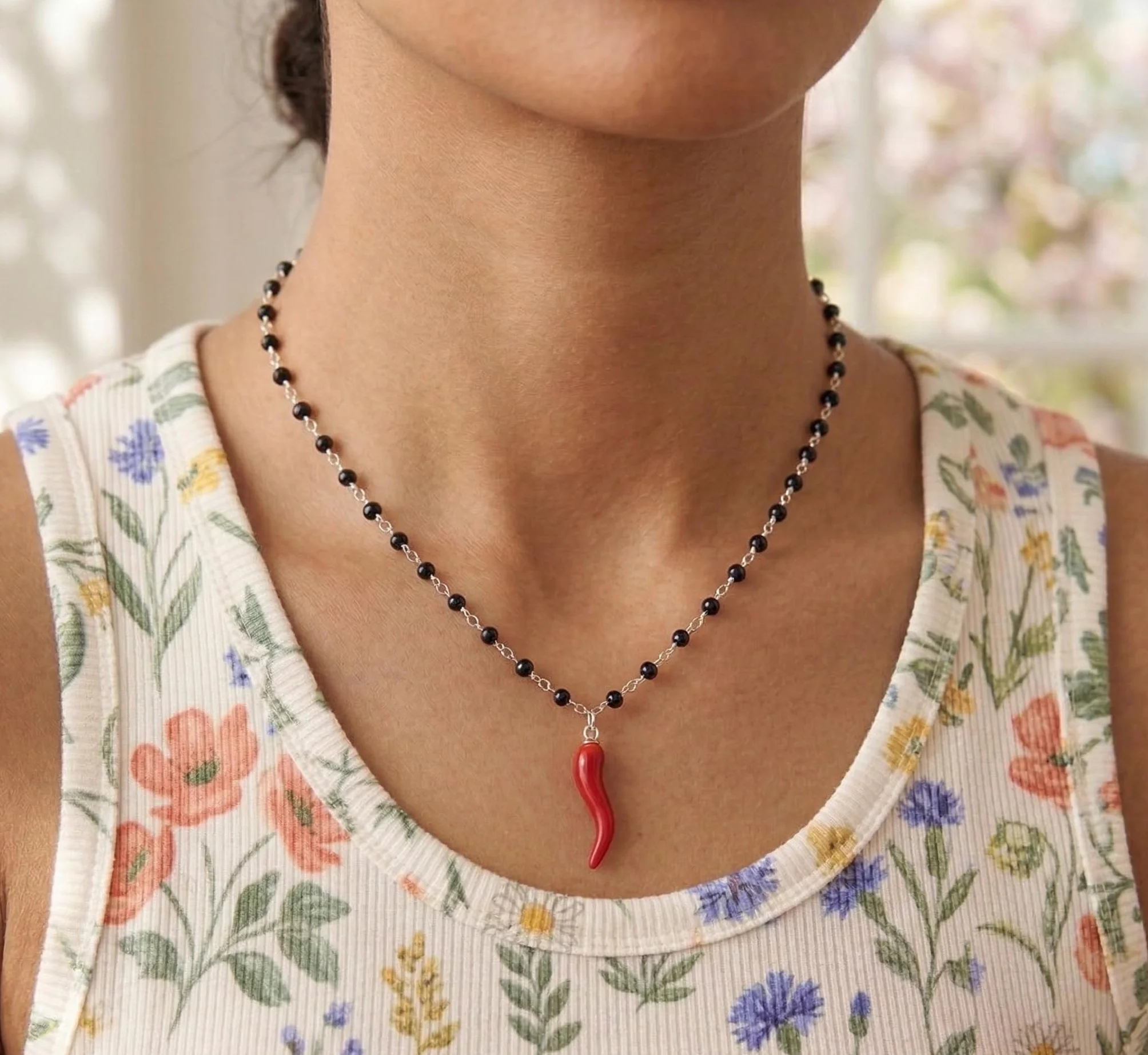 Collana Donna Corno Rosso Portafortuna Cristalli Neri Girocollo Stile Rosario Napoletano Ciondolo Cornetto Smaltato Rosso