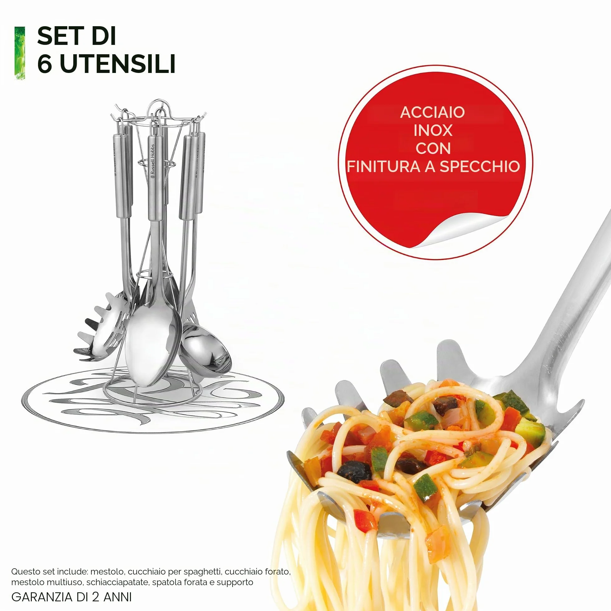 Russell Hobbs® RH00123 - Set di utensili da cucina in acciaio inossidabile con supporto, 6 pezzi,Include cucchiaio solido e a taglio, Turner, Ladle, Masher e Pasta Server