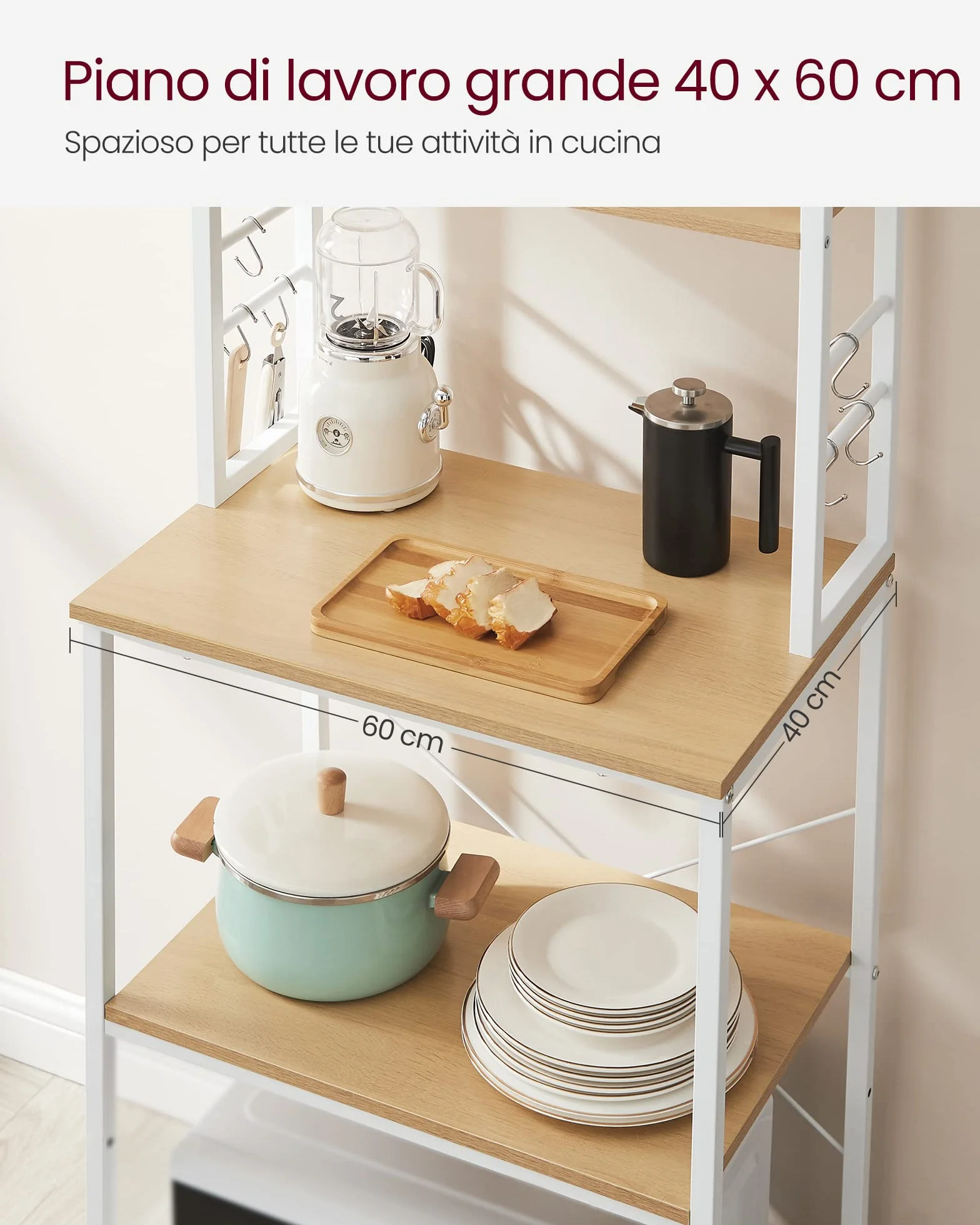 VASAGLE Scaffale Cucina 6 Ripiani Acciaio 40x60x167 cm Rovere Dorato e Bianco Nuvola KKS024W09