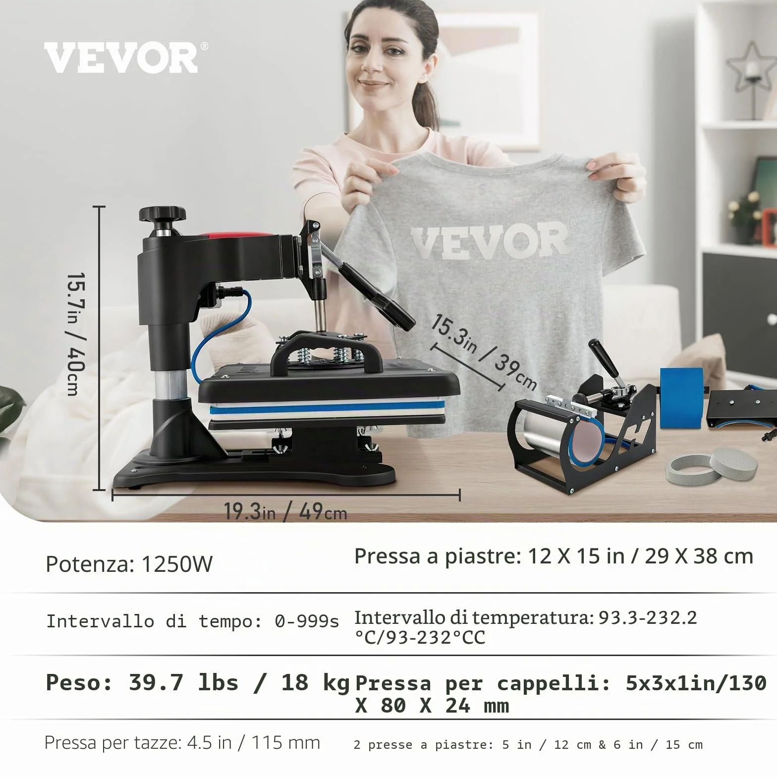 VEVOR Pressa a Caldo 1250 W 5 in 1 Termopressa per Sublimazione 29 x 38 cm