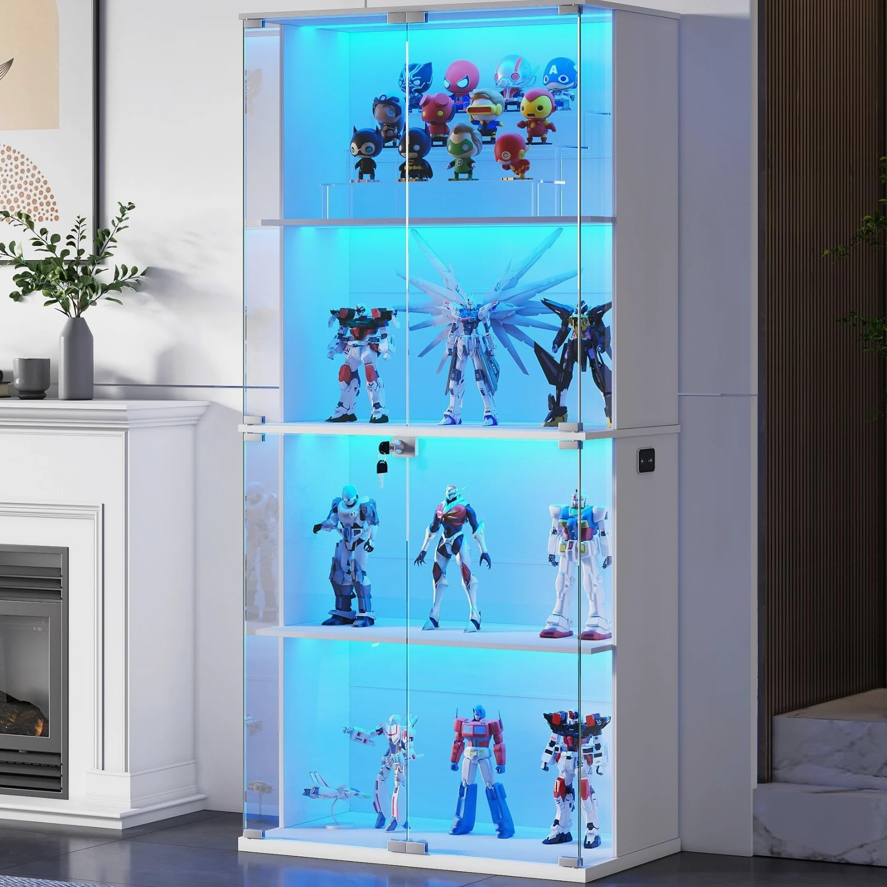 Gurexl 168 CM Vetrina in Vetro con LED 3 Couleurs,Vetrine Da Collezione Anta IIn vetro con Serratura,Pavimento Credenza in Vetro con Sensore Intelligente Per Soggiorno,Curio,Collezione,Bianco