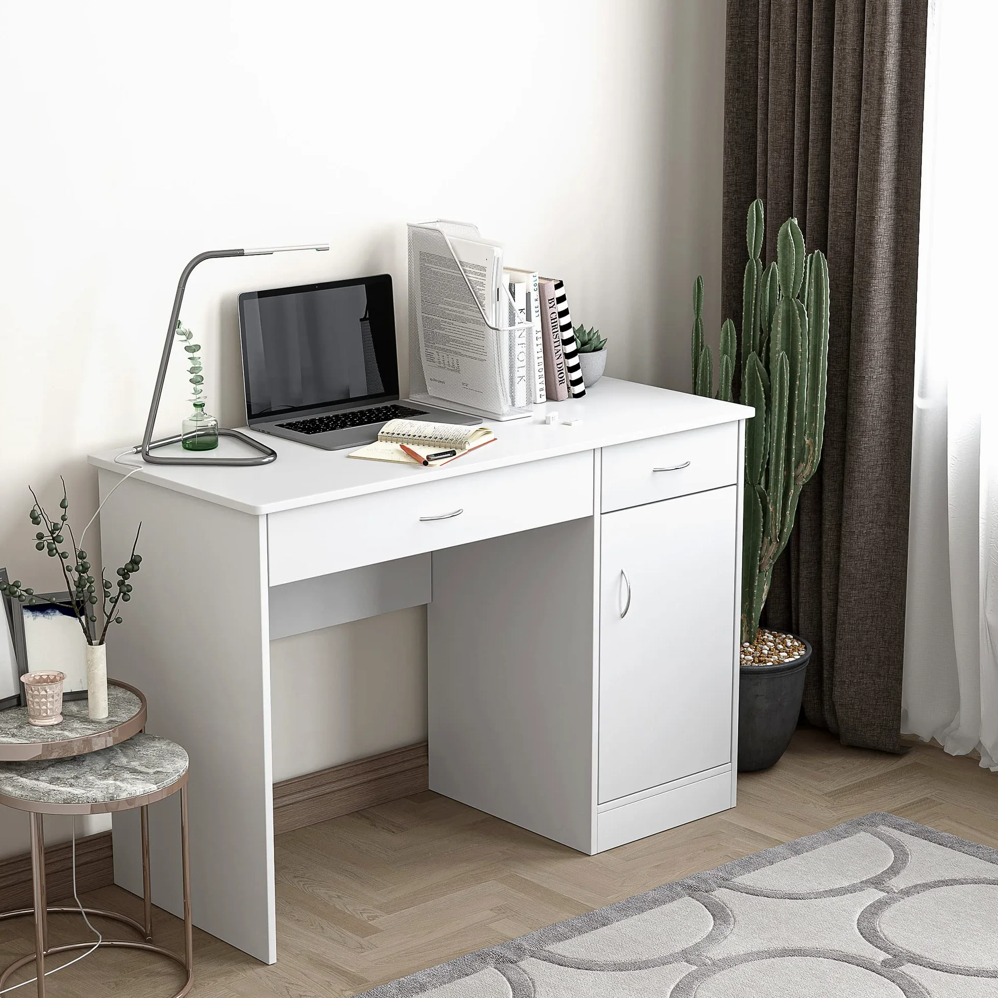 HOMCOM Scrivania Moderna per PC e Computer con 2 Cassetti e 1 Armadietto, Scrivania con Libreria Salvaspazio per Ufficio o Camera in Legno, Bianco