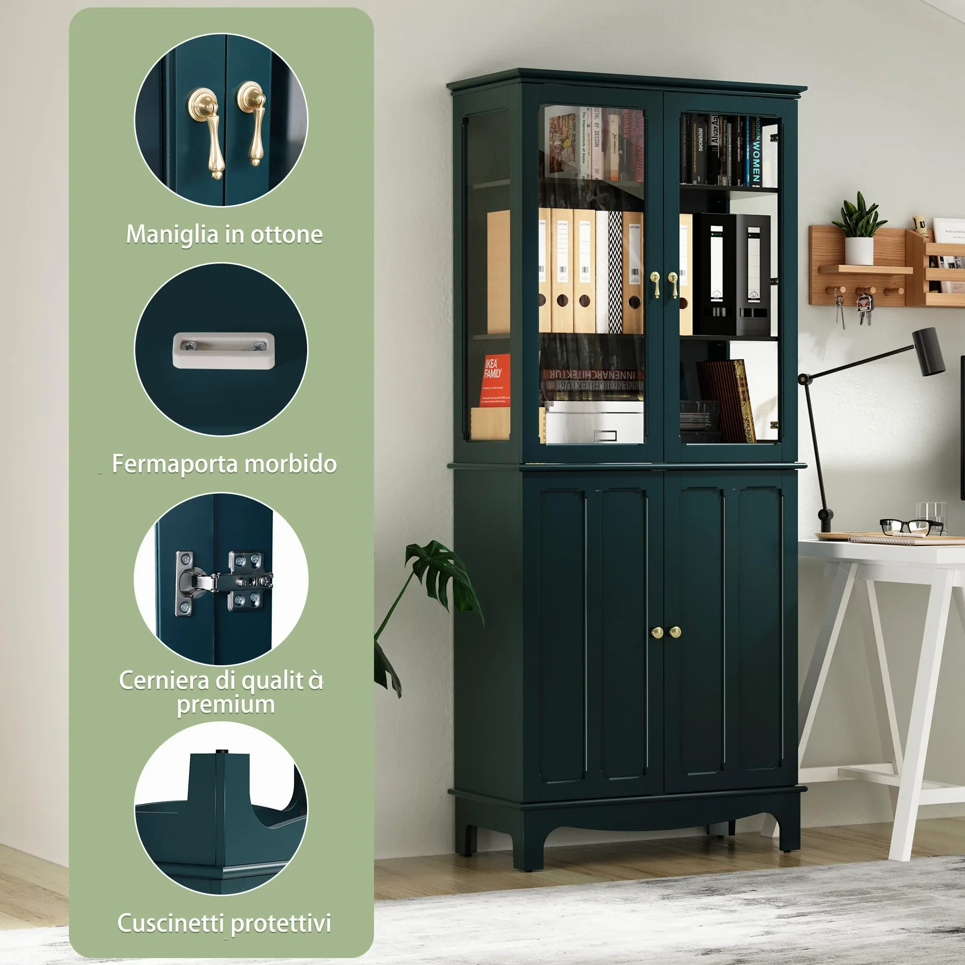 HOLTICO Vetrina Espositiva Soggiorno, Armadio Cucina Indipendente con Ante in Vetro e Legno, Cristalliera Classica con Ripiani Regolabili, Mobili Cucina per Collezionismo, Cucina e Soggiorno, verde