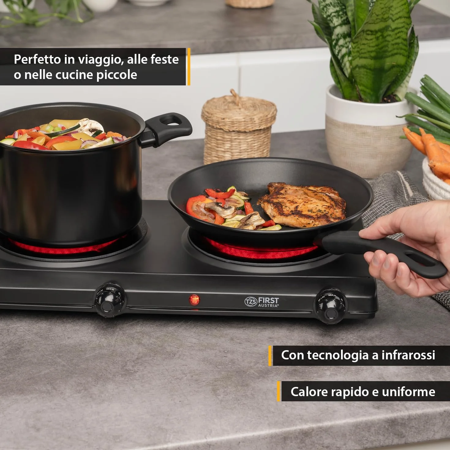 TZS First Austria Piastra di cottura doppia infrarossi vetroceramica 2500W Mini Fornello elettrico