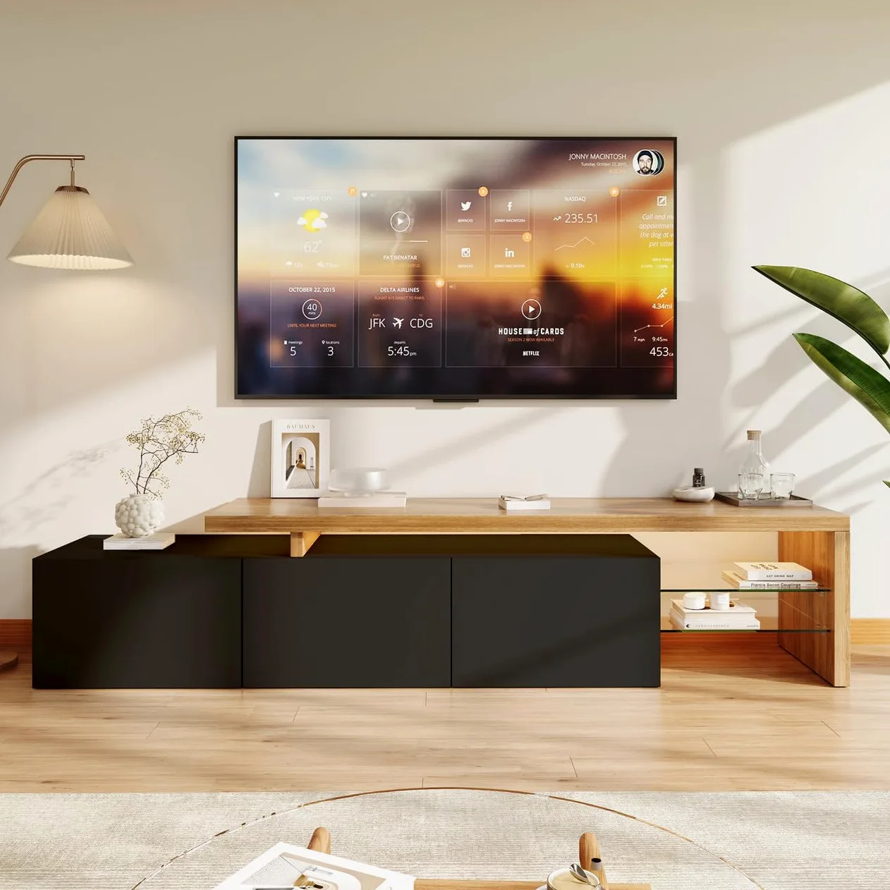 Mobiletto TV LED 200 cm, Mobili TV con Ripiano in Vetro, Mobile TV da Soggiorno, Panca TV Moderna in Legno con 3 Armadietti, Armadio Basso Soggiorno per Interni, Nero